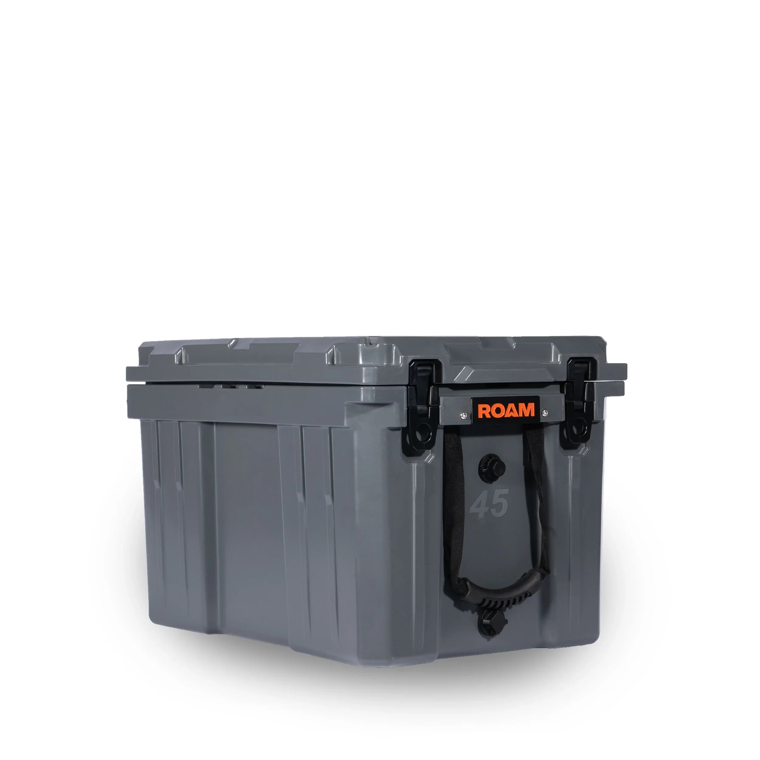 Gray heavy-duty storage box with secure latches, ideal for overlanding and adventure gear