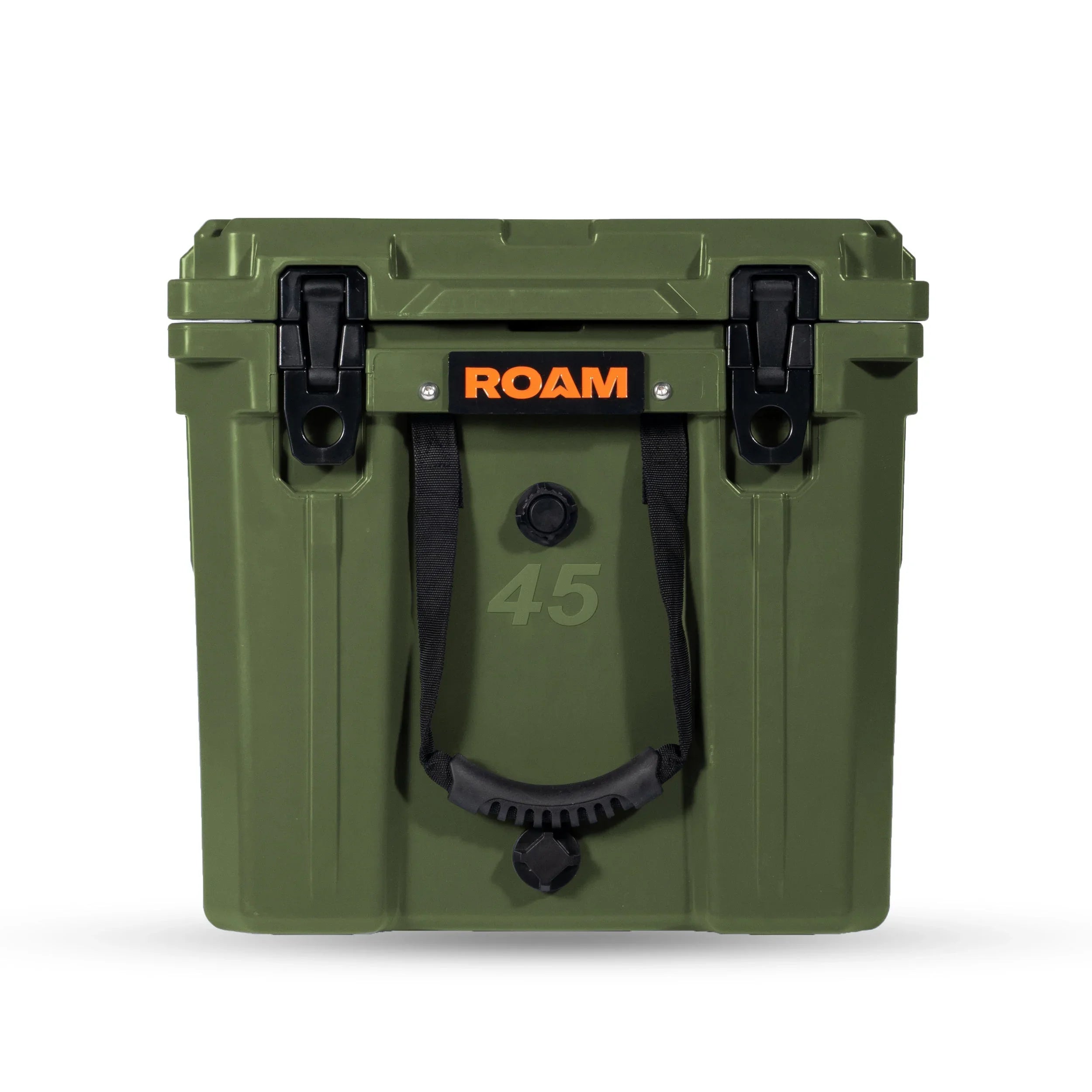 Olive green 45L hard cooler with black latches and front handle, ideal for overlanding