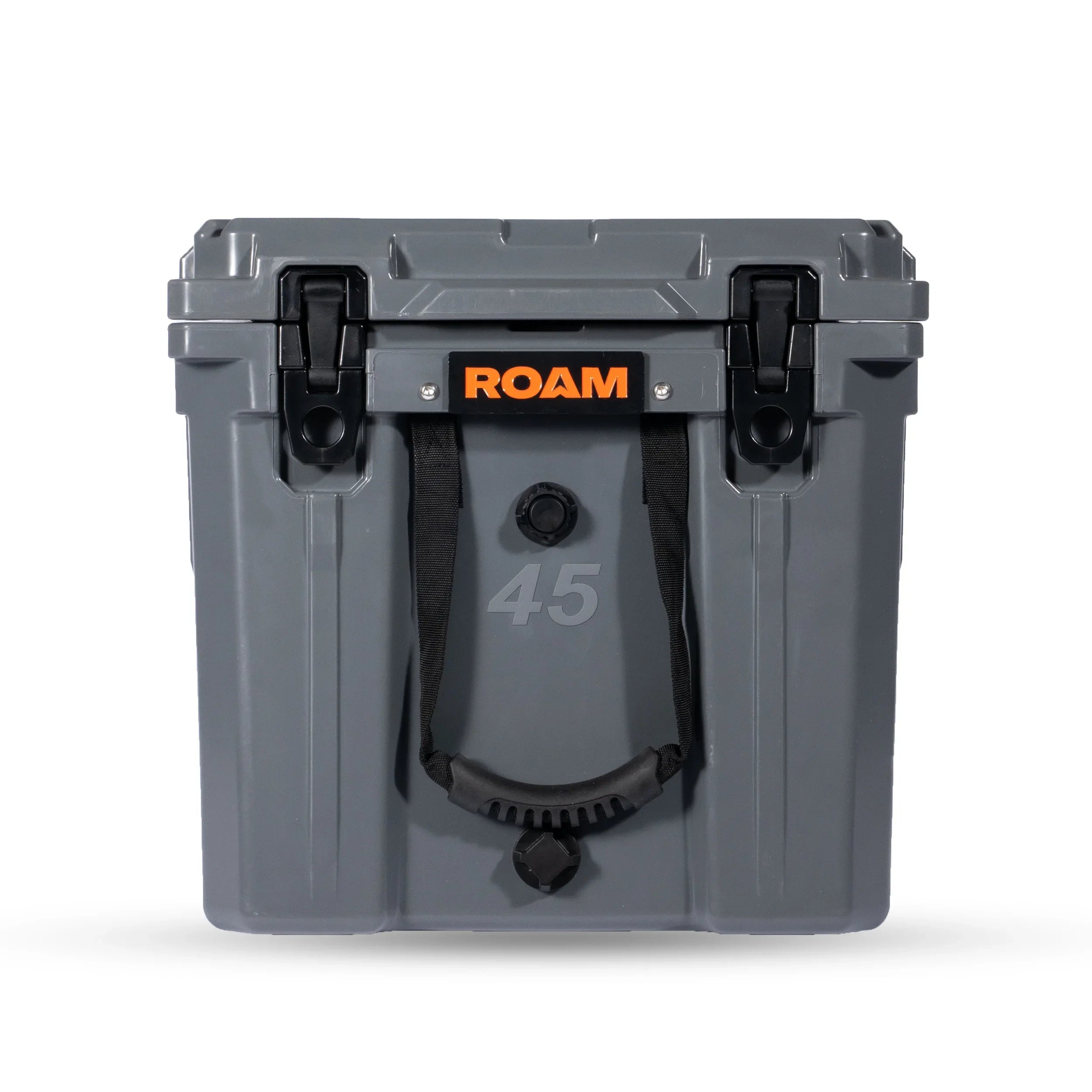 Gray 45L overland cooler with black handles and orange ROAM logo, front view