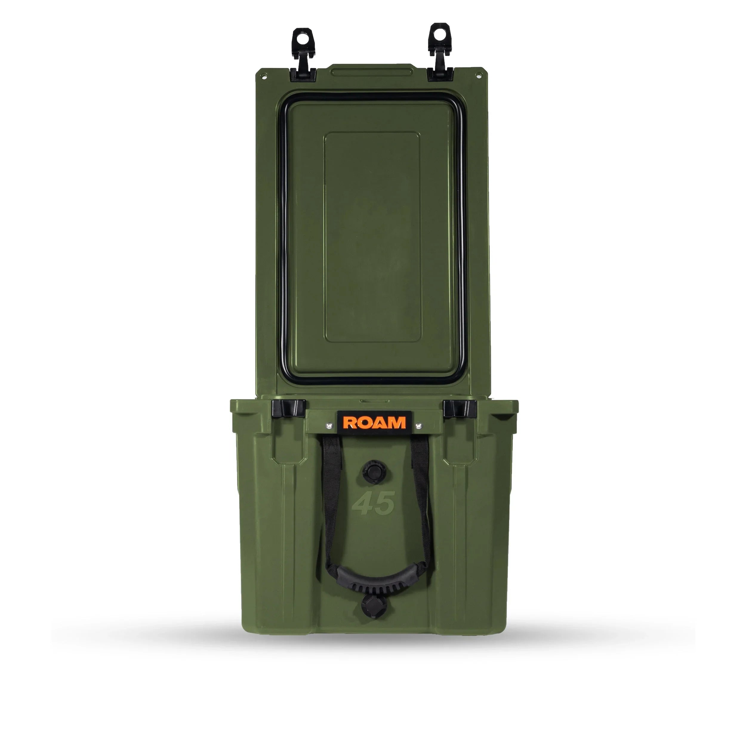 OD green 45L hard-sided storage case open, adventure gear, front view, outdoor camping