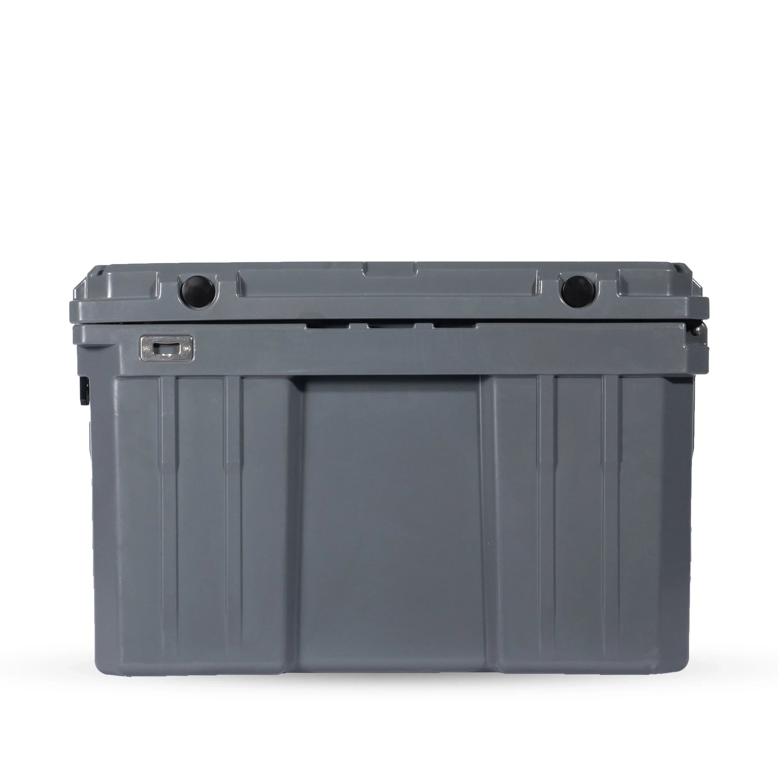 Gray heavy-duty storage box for overlanding and camping gear, side view