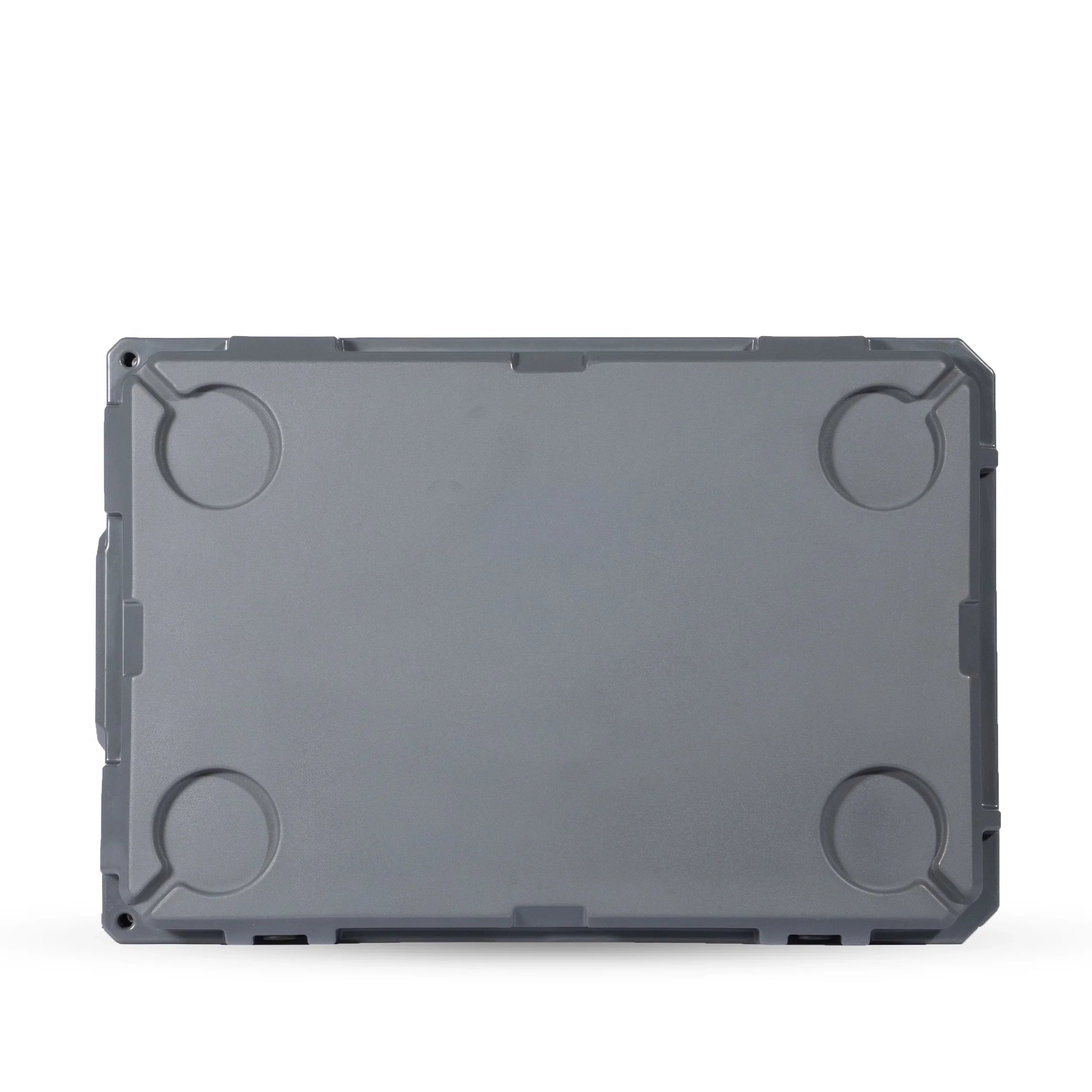 Gray heavy-duty plastic storage box top view, overland camping gear accessory
