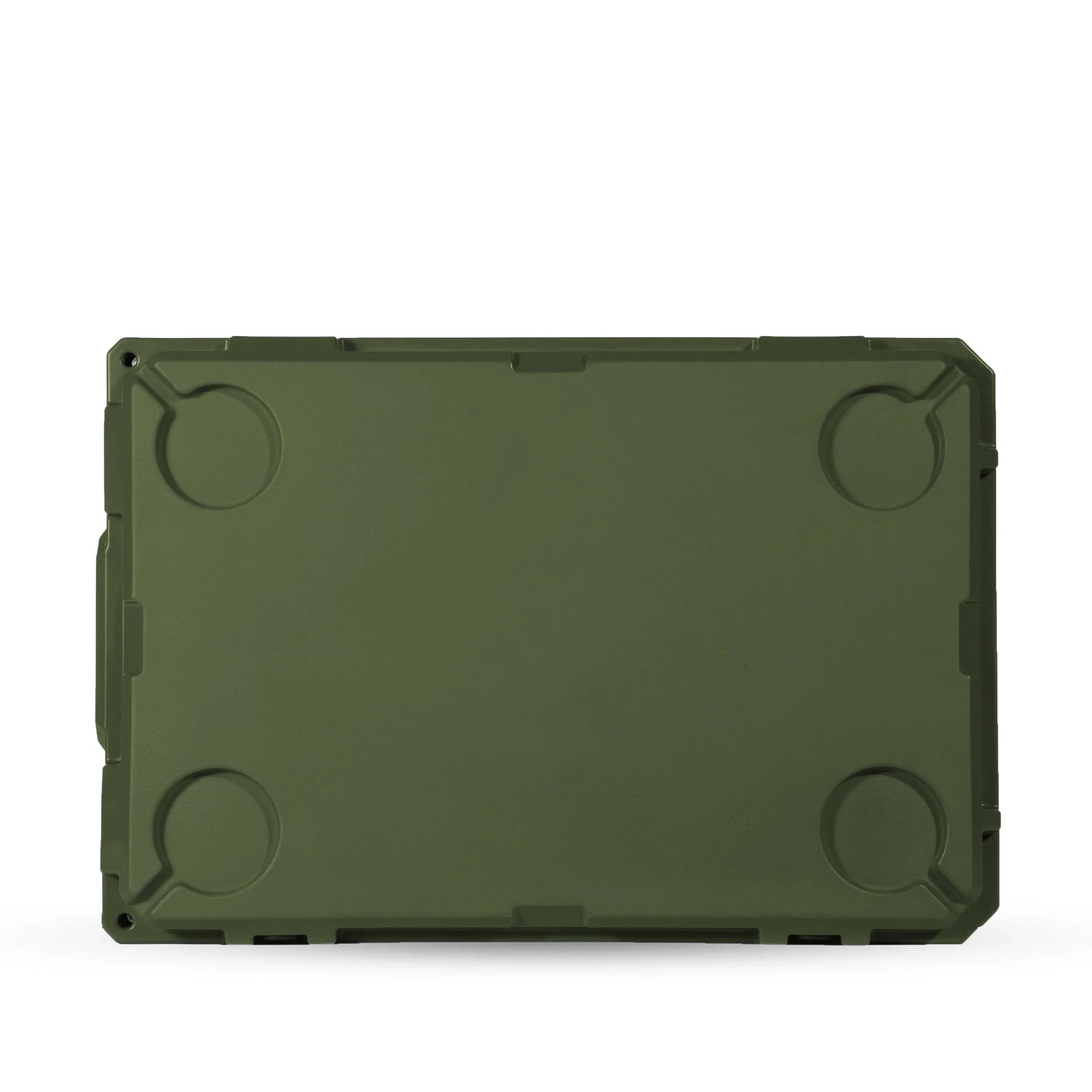 Olive drab green heavy-duty camping storage box, flat top view, rugged outdoor gear