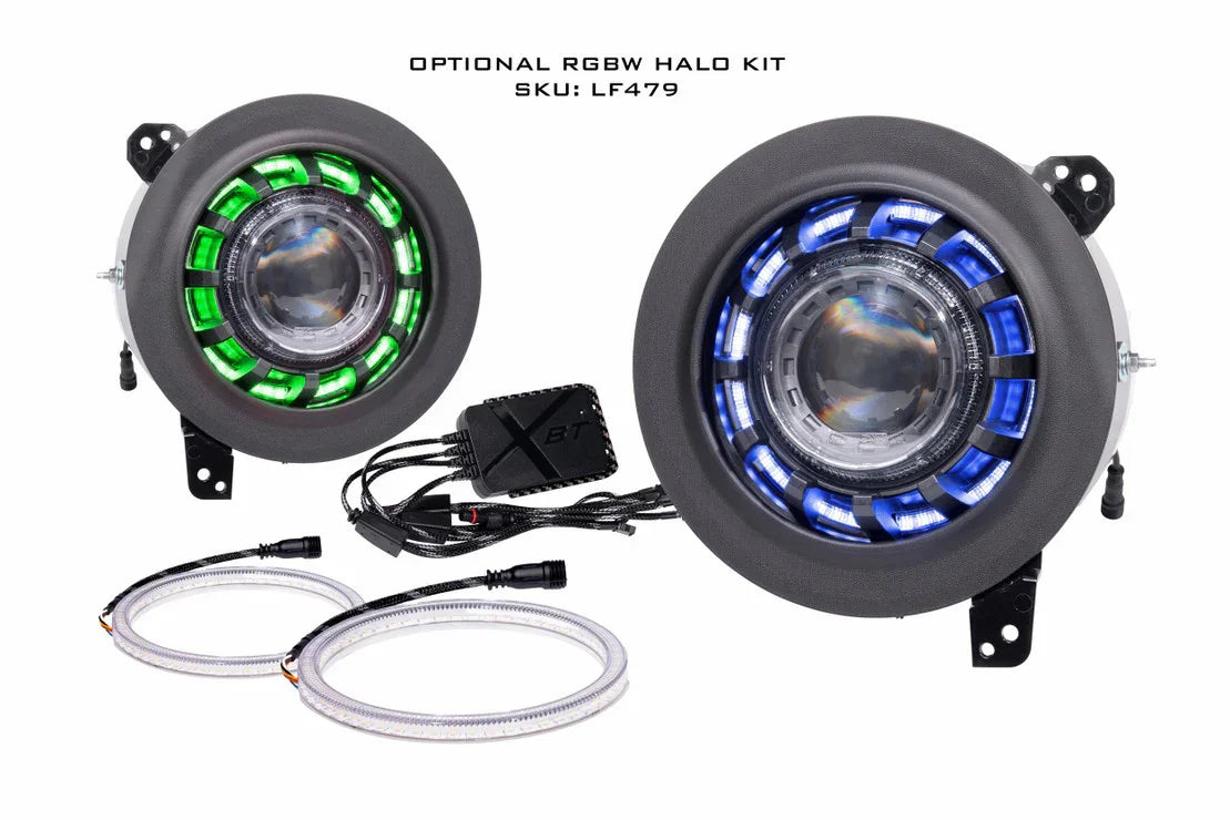 Pair of round RGBW halo LED fog lights with green and blue rings, wiring harness, and control box.