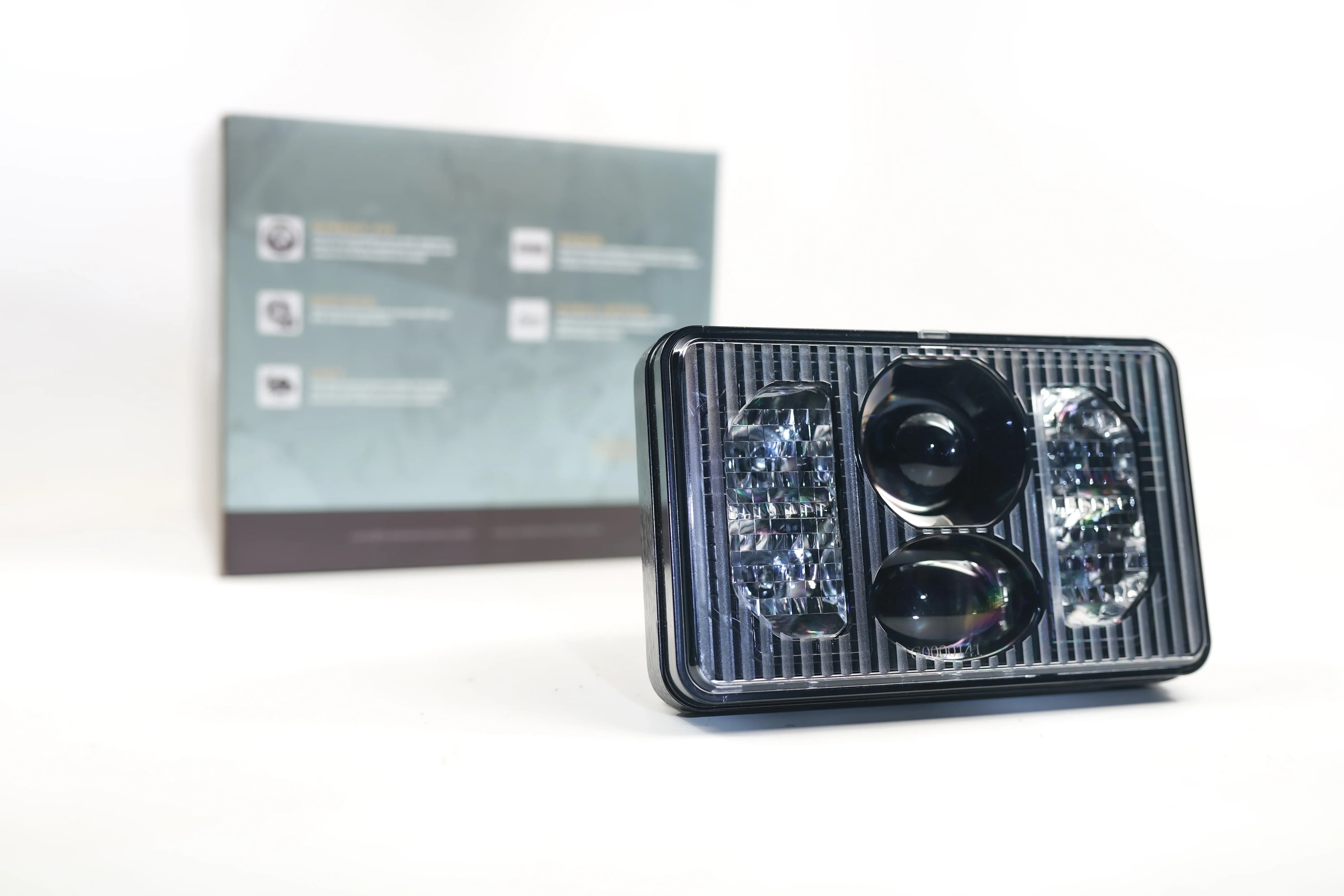 Rectangular LED projector headlight for off-road vehicles on white background