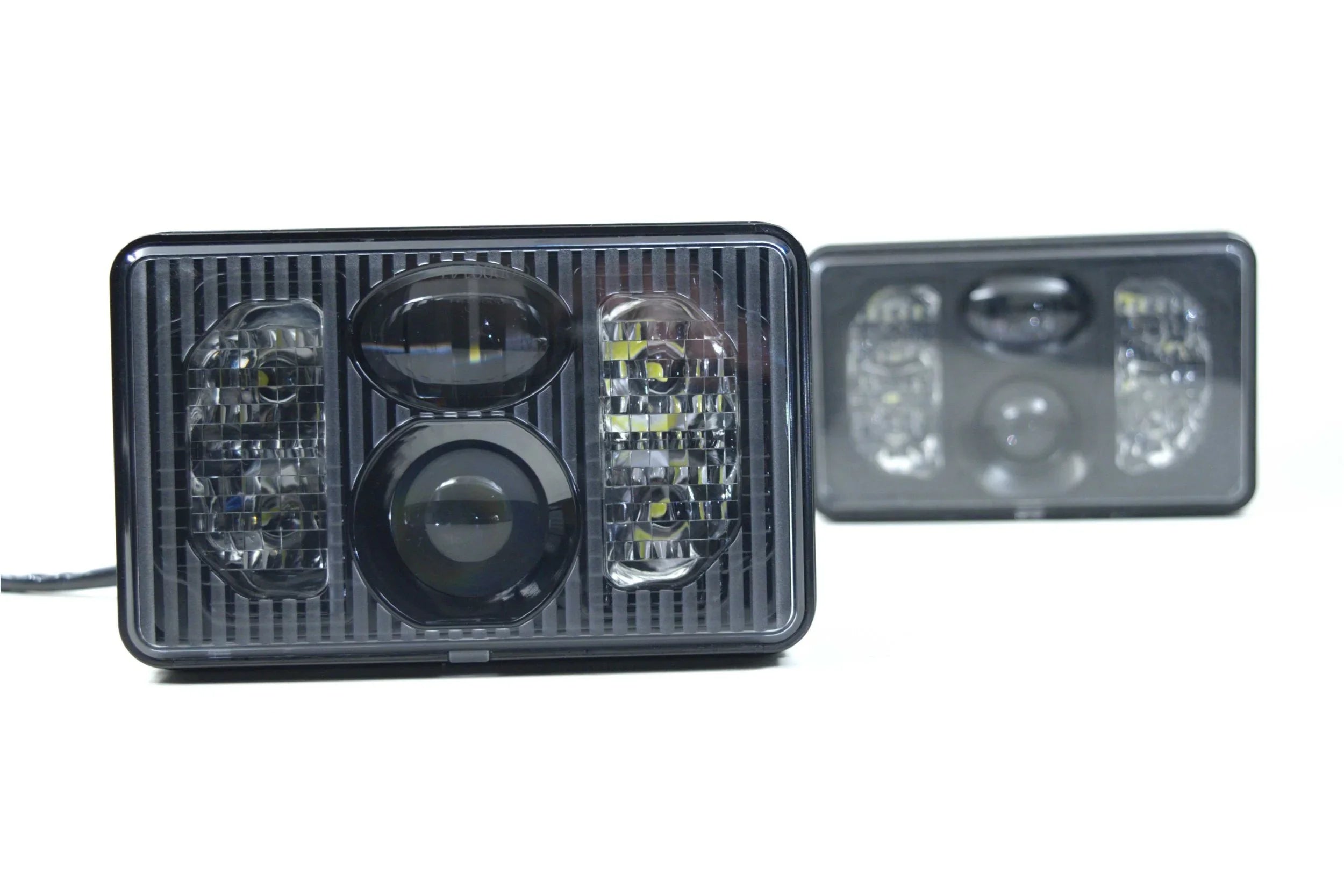 Rectangular bi-LED 4x6 automotive headlight with black housing and clear lens on white background