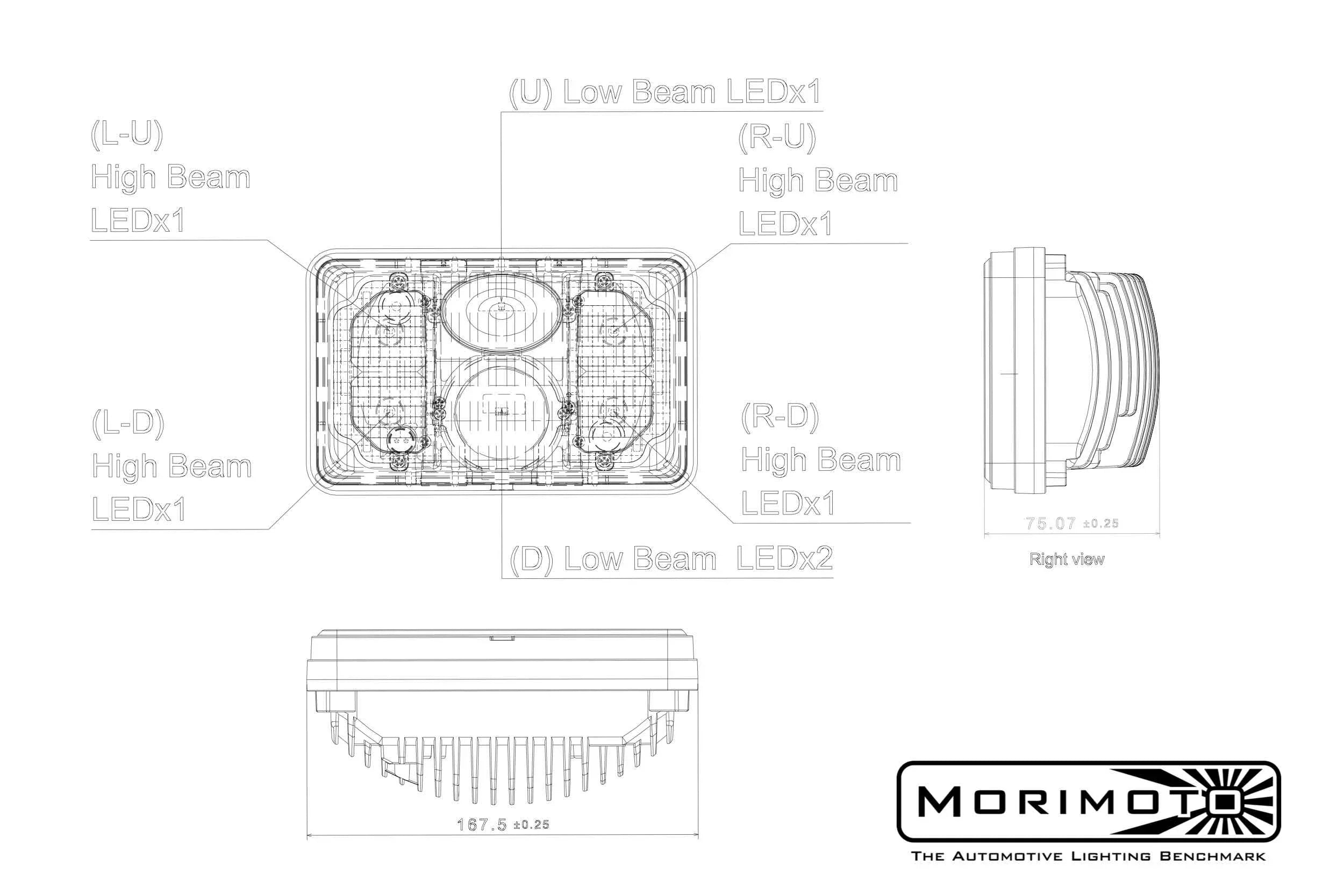 Technical diagram of rectangular Morimoto Bi-LED 4x6 automotive headlight with multi-LED layout.
