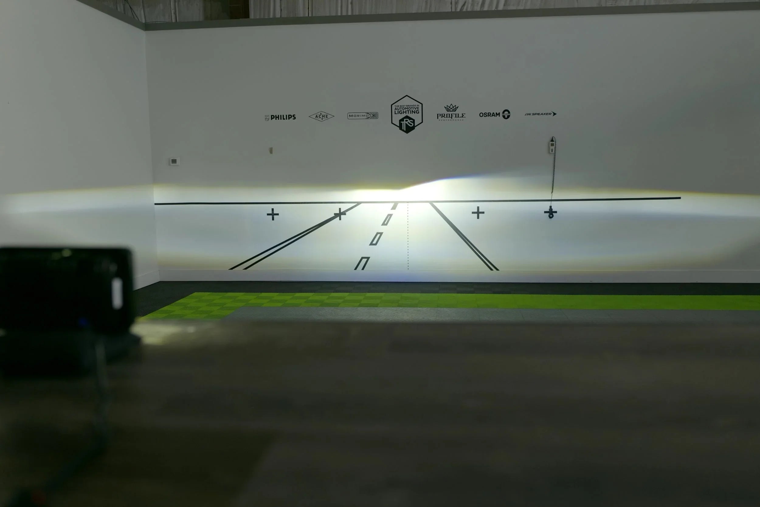 Bi-LED 4x6 headlight beam pattern test on wall with sharp white light output