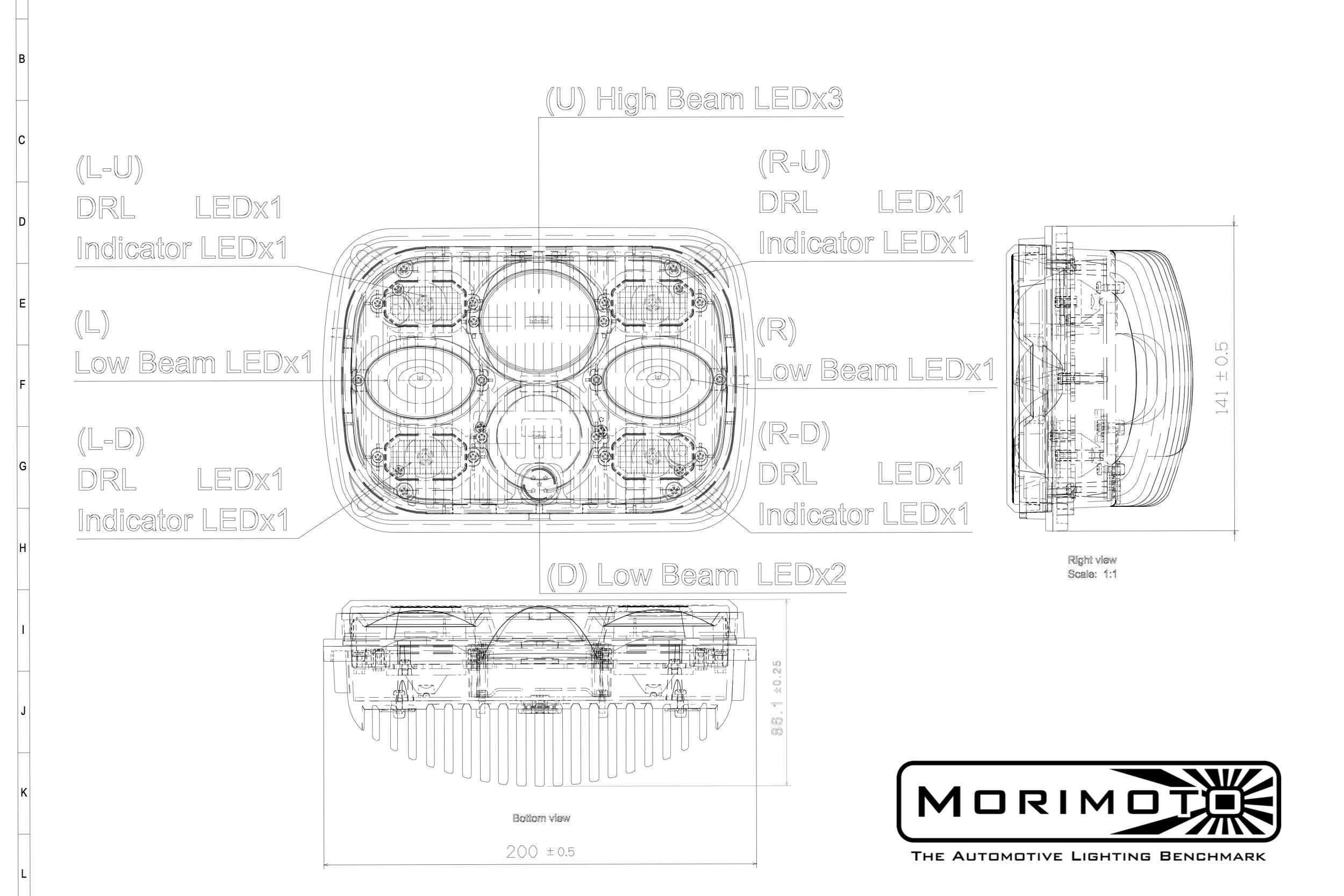 Technical blueprint of Morimoto Bi-LED 5x7 headlight showing LED layout and dimensions.