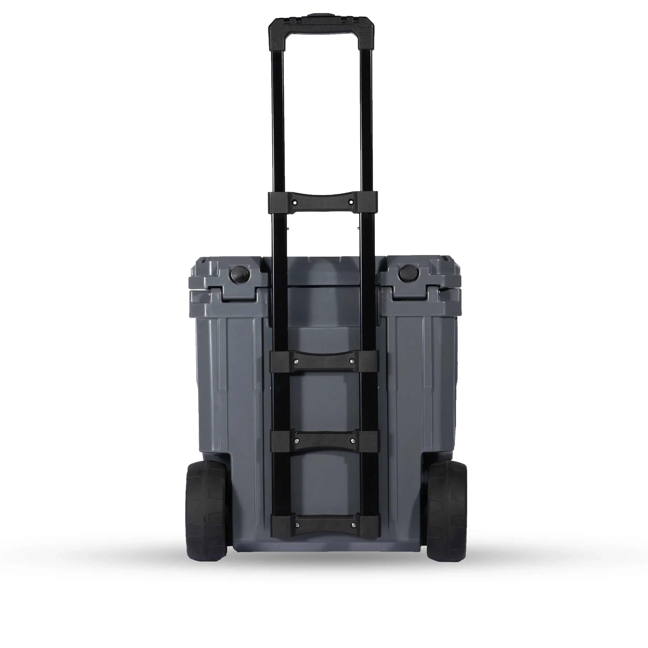 Gray rugged rolling storage box with telescoping handle and heavy-duty wheels