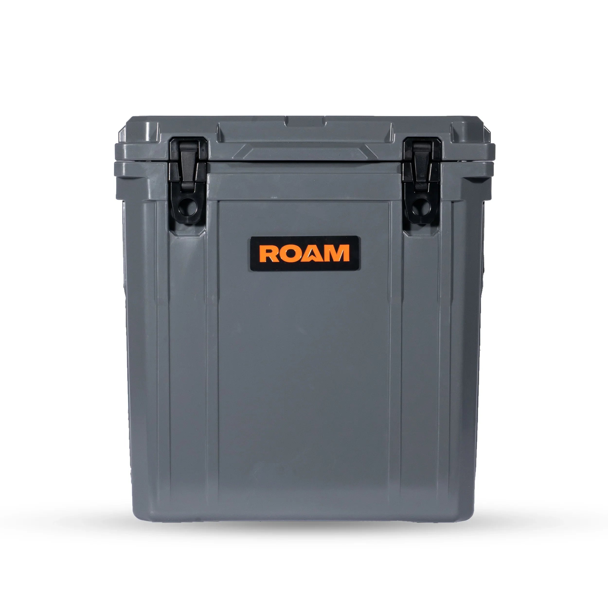 Gray hard-sided rolling cooler with black latches and ROAM logo for overlanding gear