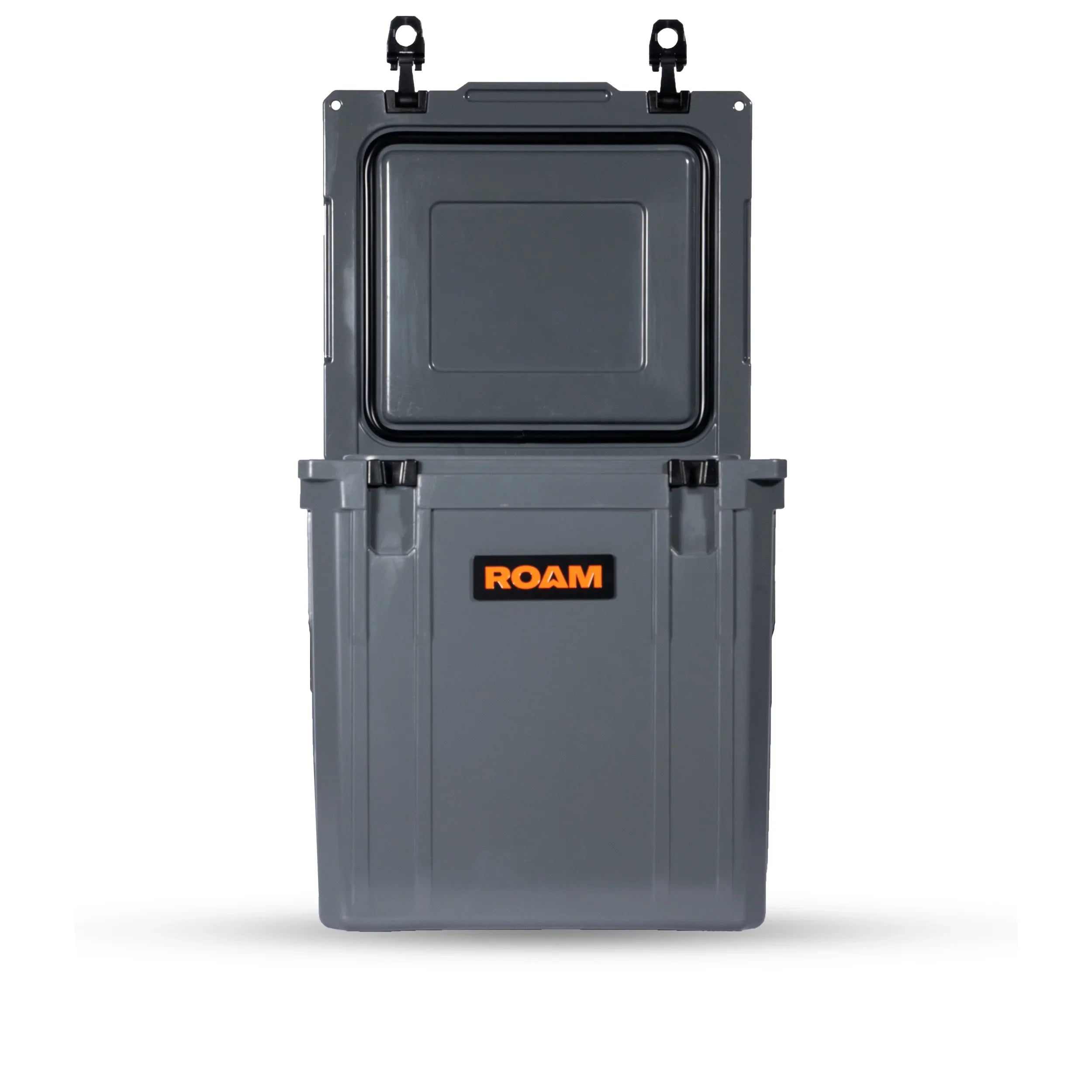 Gray heavy-duty rolling storage case with open lid, orange ROAM logo, for overlanding gear