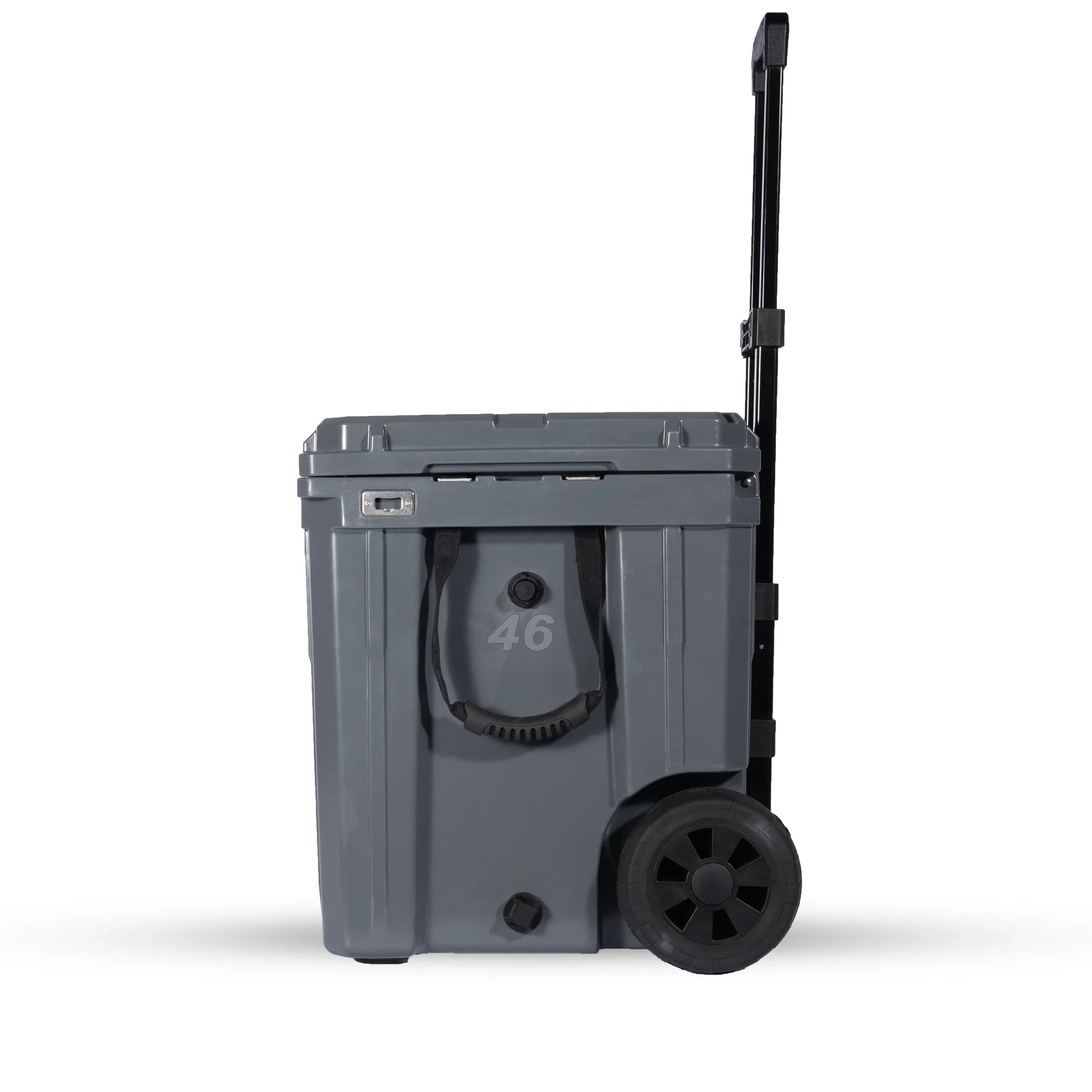 Gray 46L rolling cooler with handle and side strap for overlanding or camping