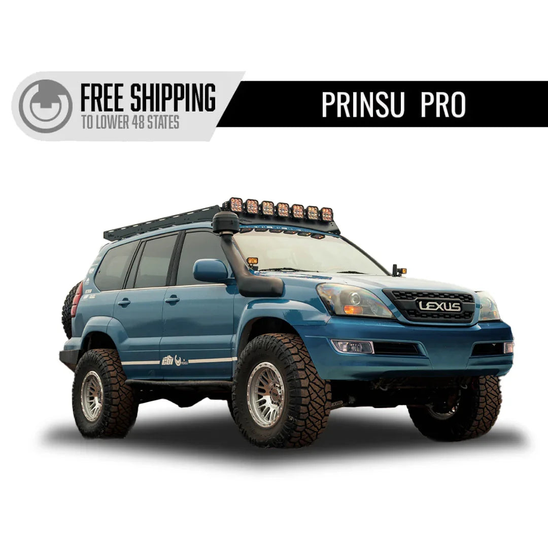Lexus SUV with Prinsu Pro roof rack, off-road tires, snorkel, and roof-mounted lights.