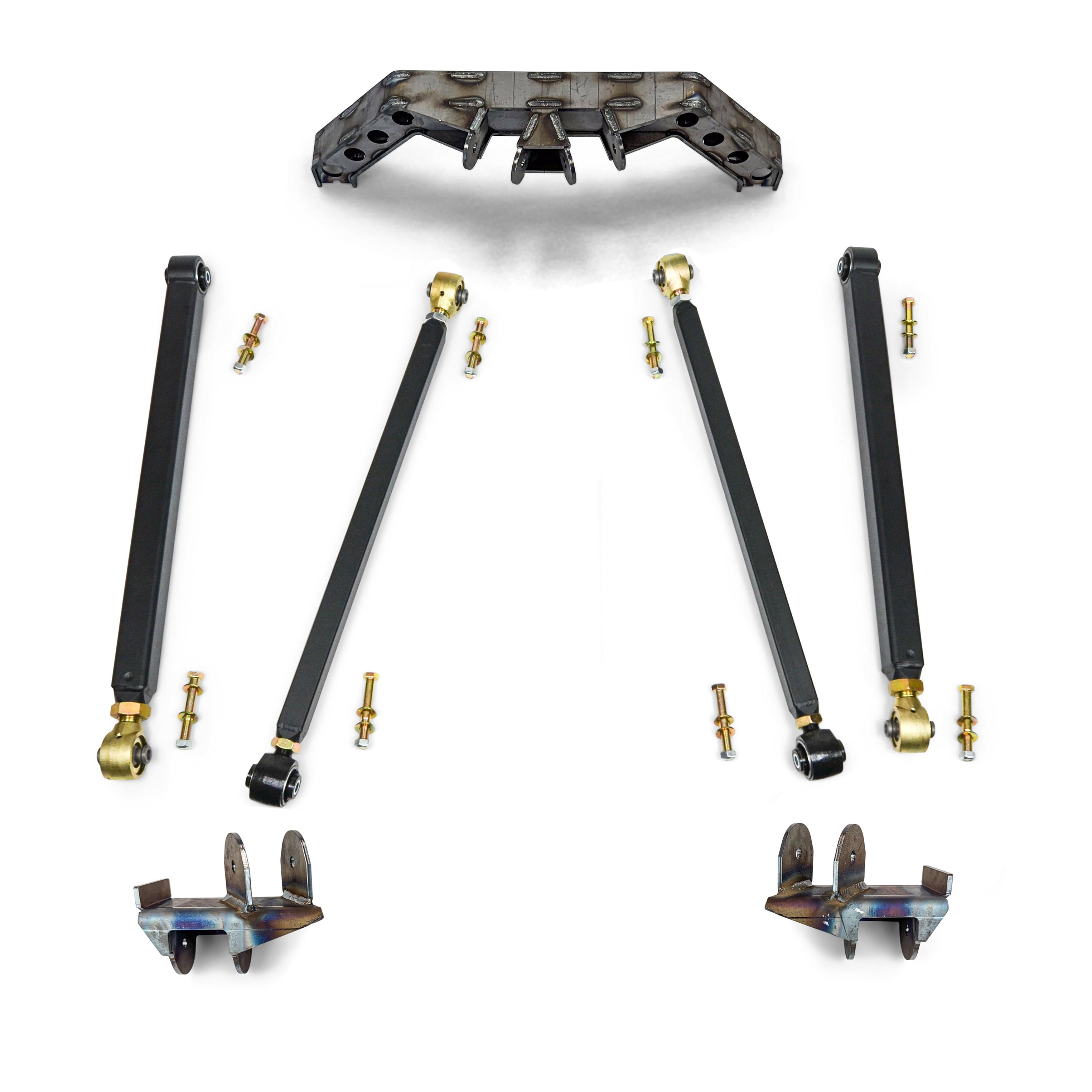 Heavy-duty adjustable control arm kit and mounting brackets for off-road vehicles on white background
