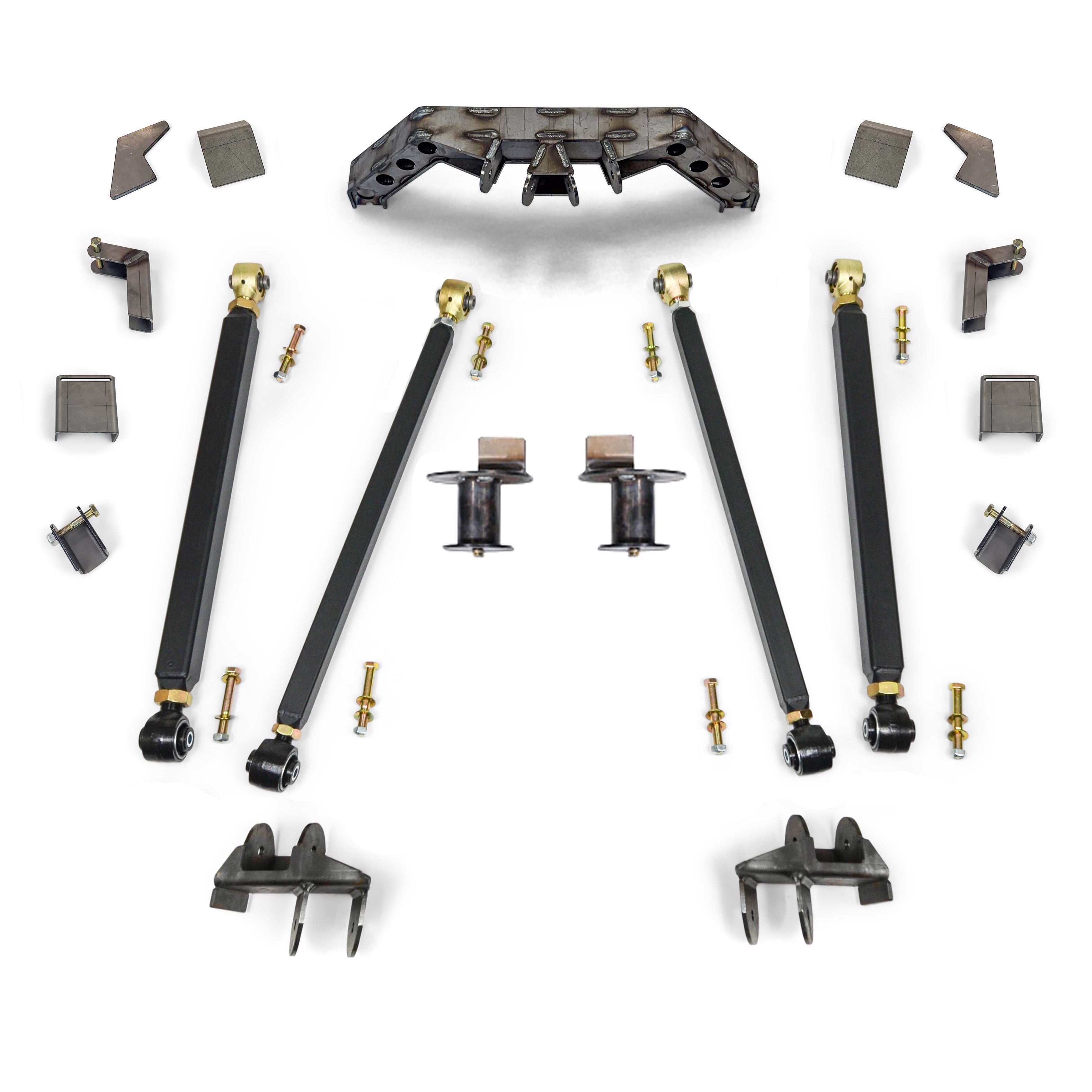 Heavy-duty 4-link suspension kit with control arms, brackets, and hardware for off-road vehicles
