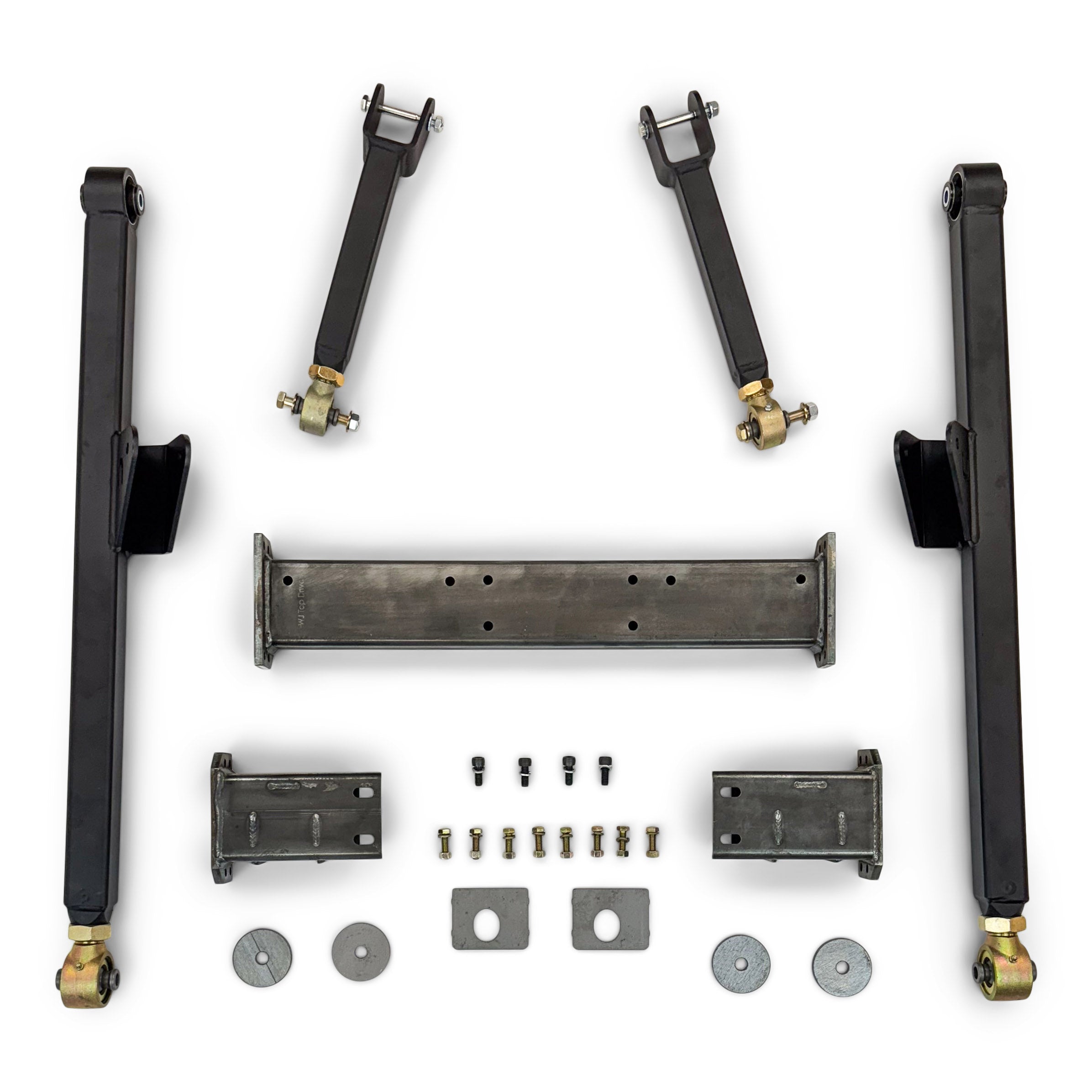 Heavy-duty overland vehicle suspension link kit with steel arms, mounts, and hardware.