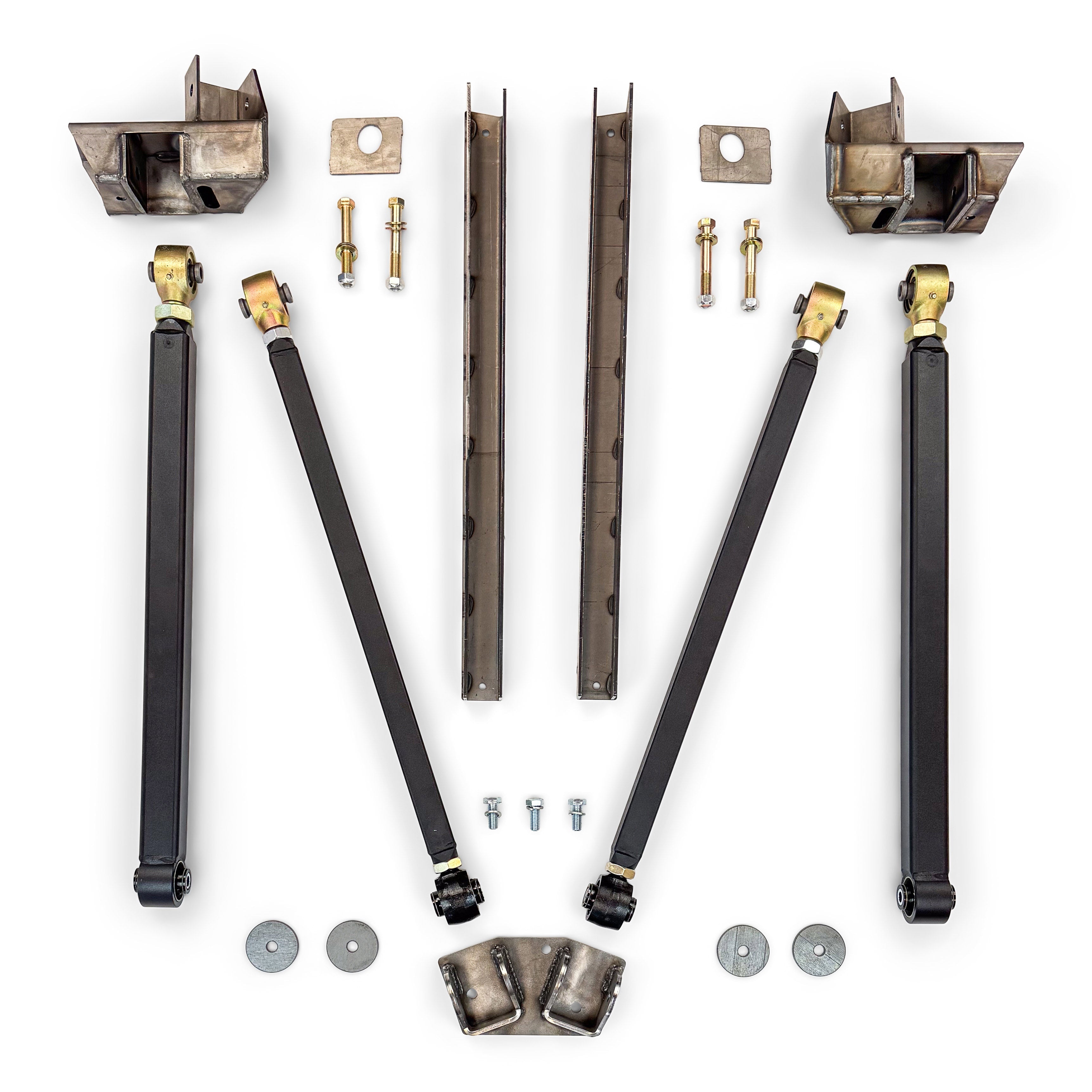 Off-road suspension link kit with control arms, brackets, bolts, and hardware for trucks or SUVs
