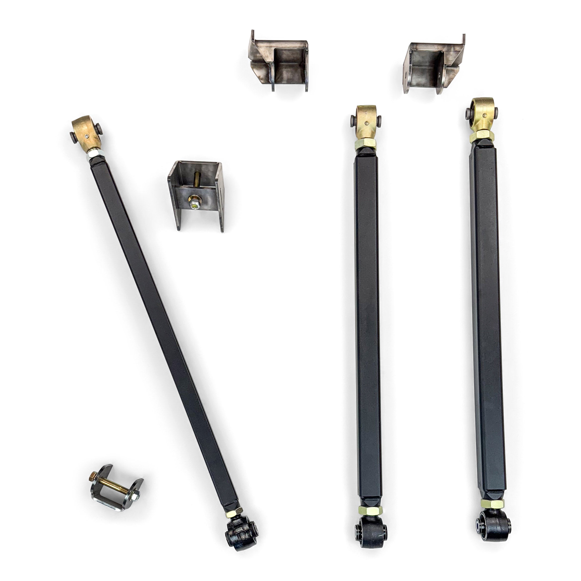 Heavy-duty adjustable control arms and brackets for off-road vehicle suspension upgrades