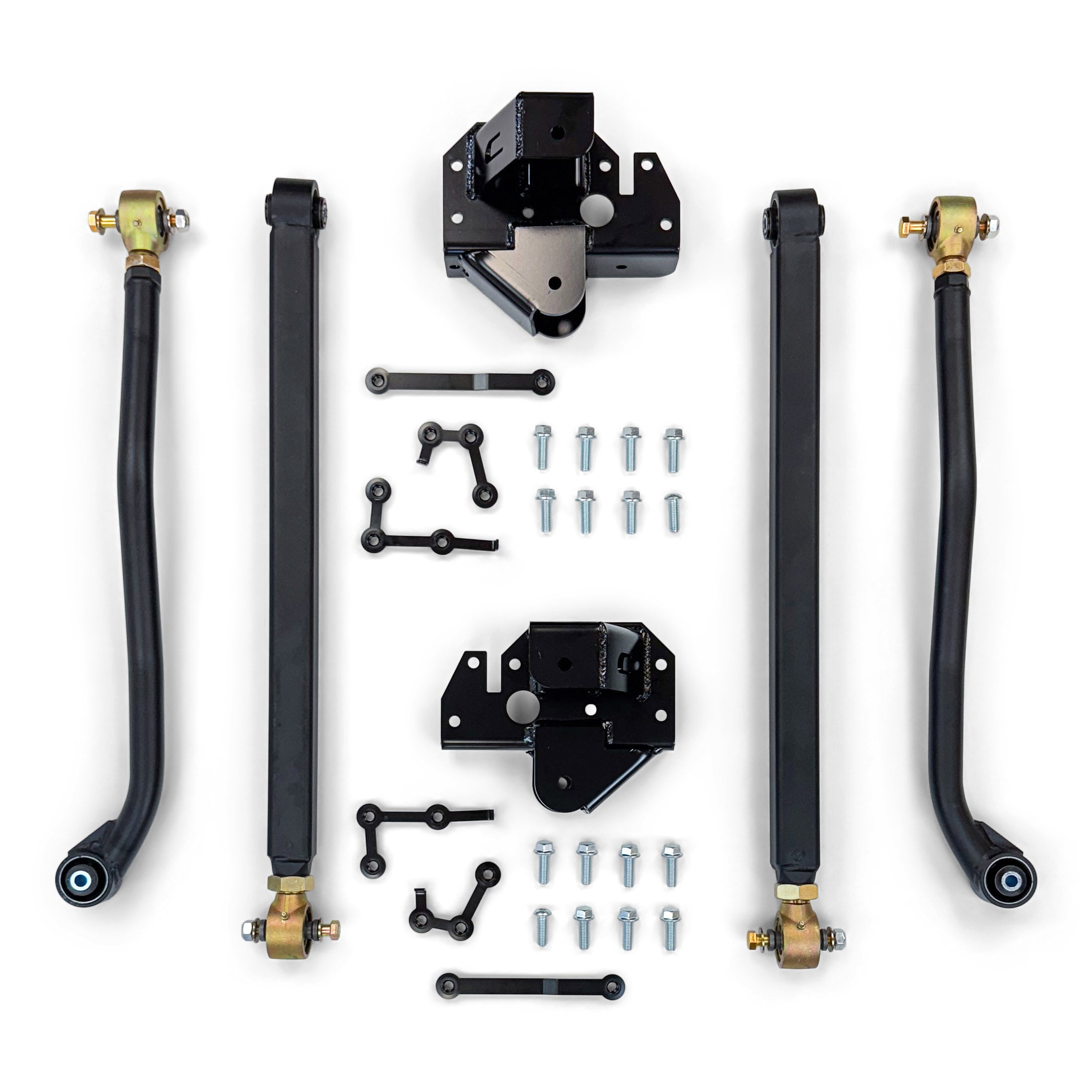 Heavy-duty suspension control arm kit with brackets, bolts, and hardware for off-road vehicles