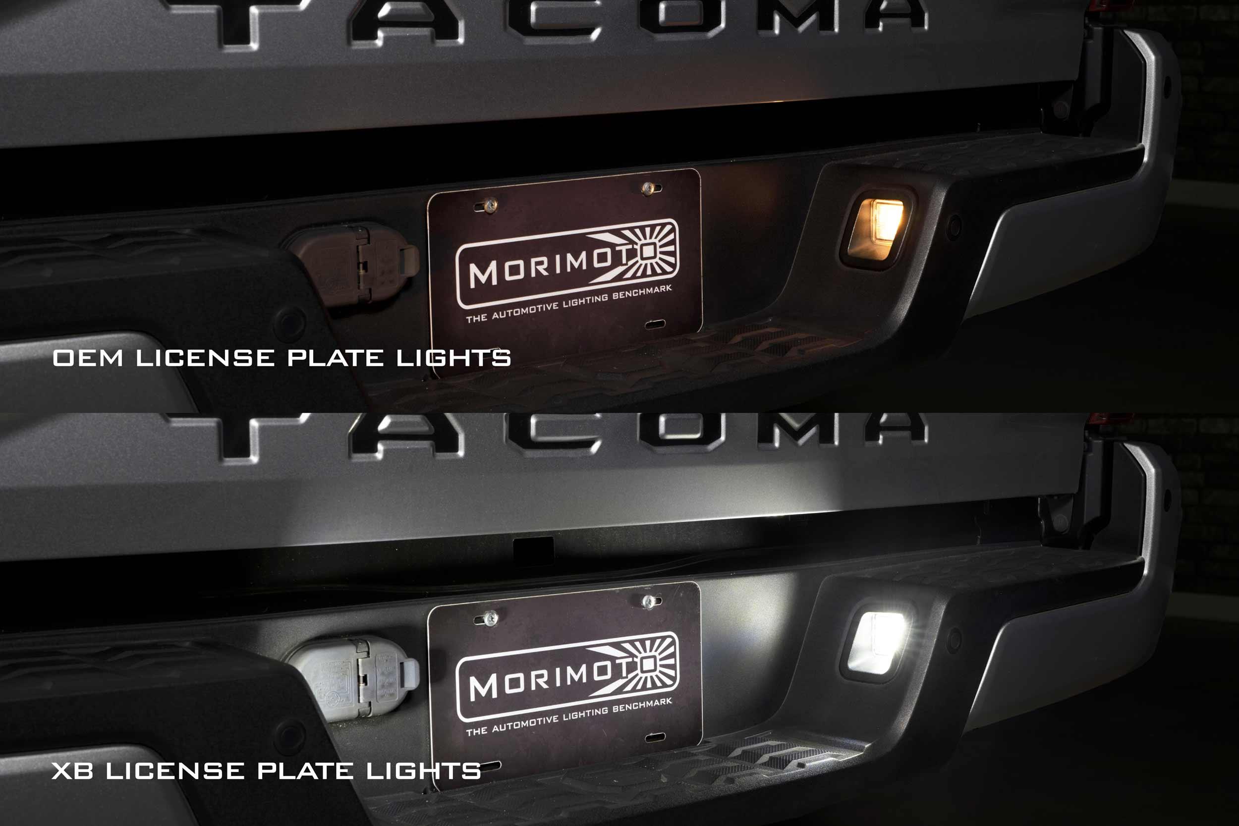 Comparison of OEM and XB LED license plate lights on Toyota Tacoma rear, showing brightness difference.
