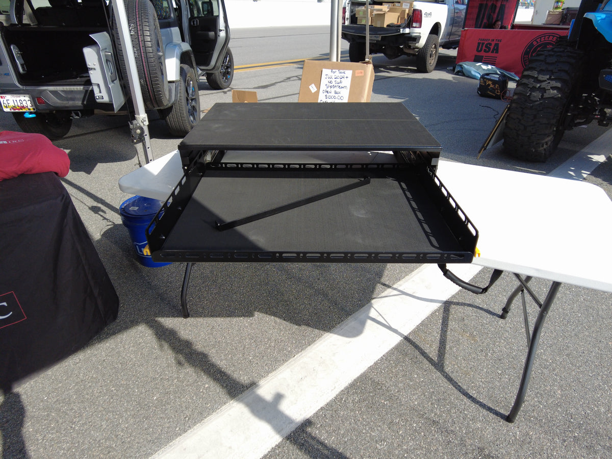 Diabolical Inc JLU Slide Floor Drawer Top for Jeep Wrangler JLU, drawer open