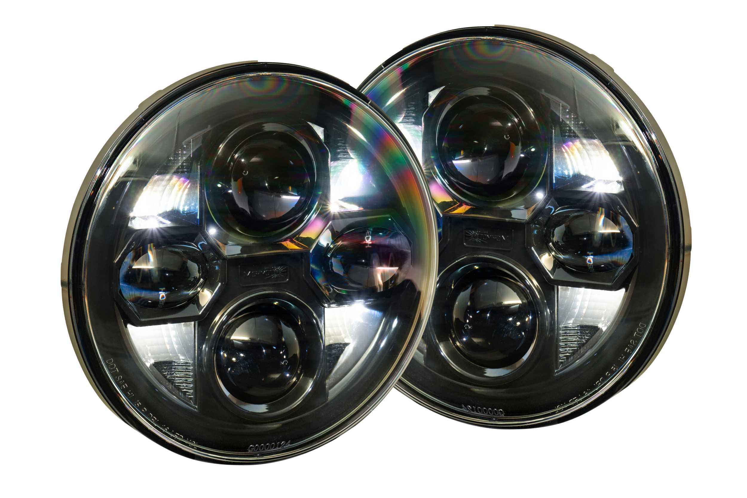Pair of round LED headlights with multi-projector lens design for off-road vehicles