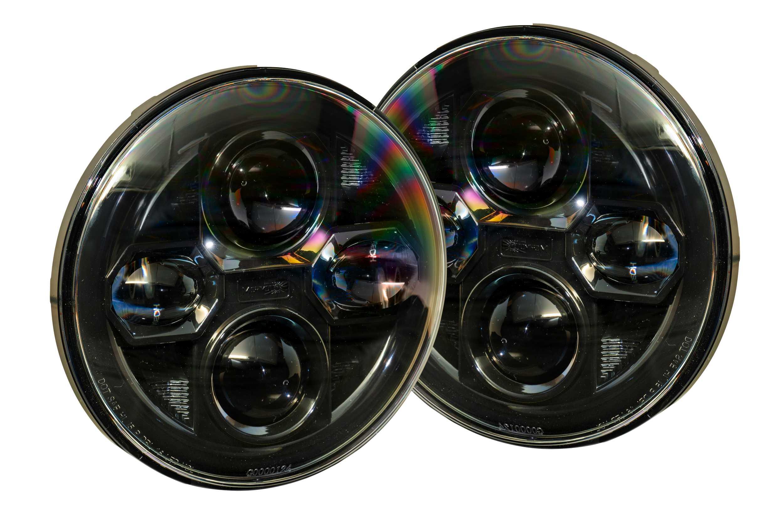 Pair of round LED off-road headlights with black housing for Toyota, Jeep, or Ford vehicles