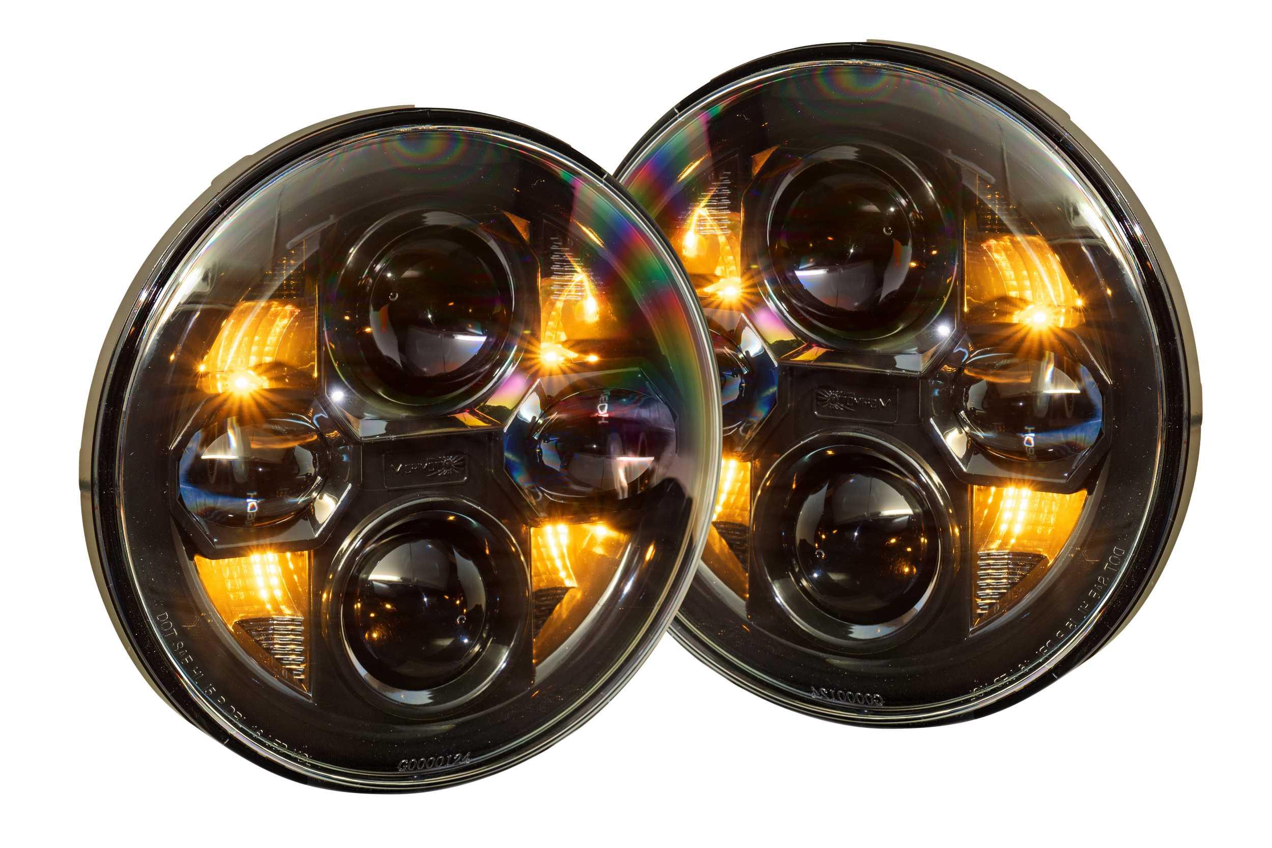 Pair of round LED projector headlights with amber accent lights for off-road vehicles