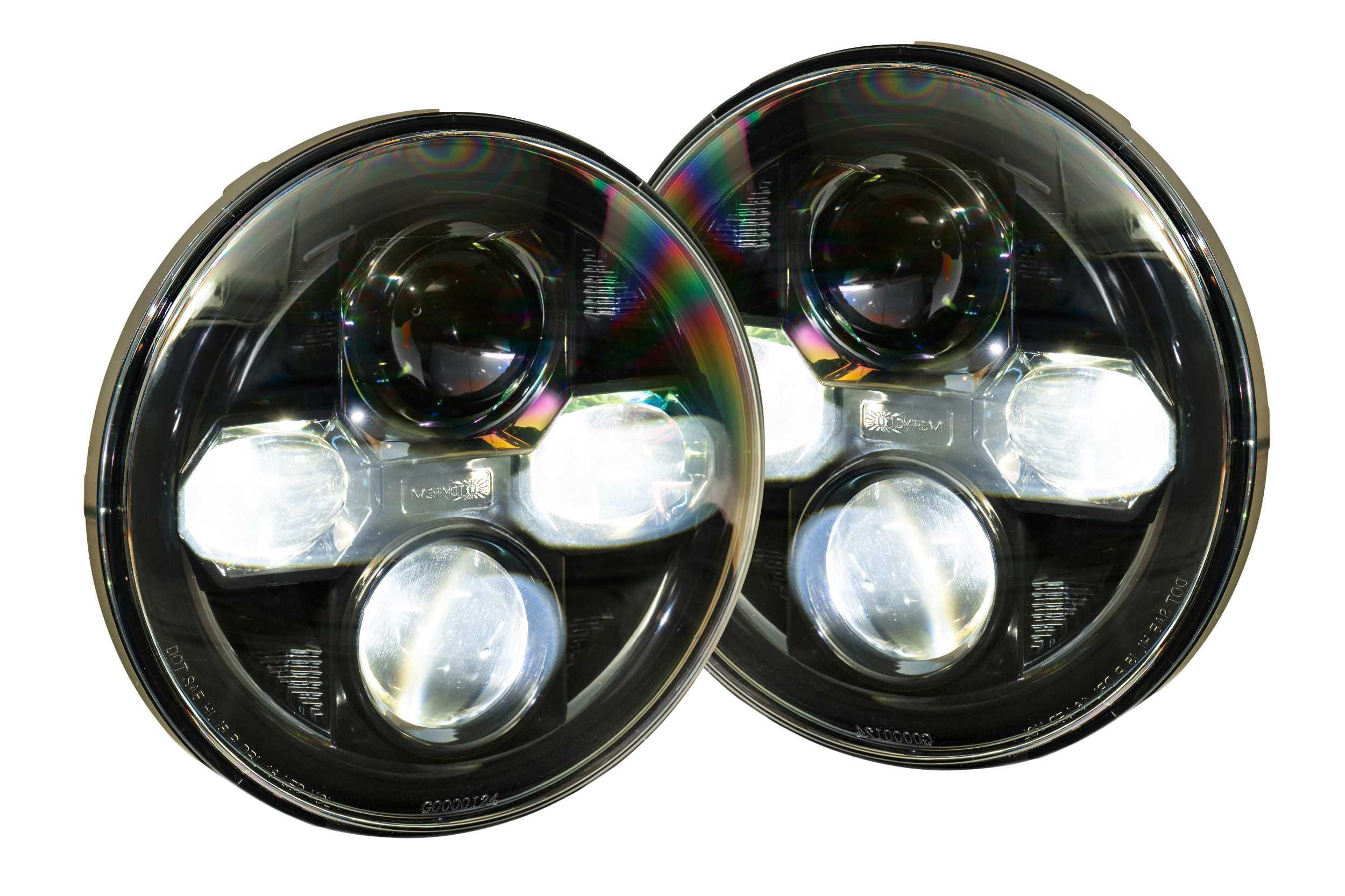 Pair of round LED headlights for off-road and overlanding vehicles, close-up view