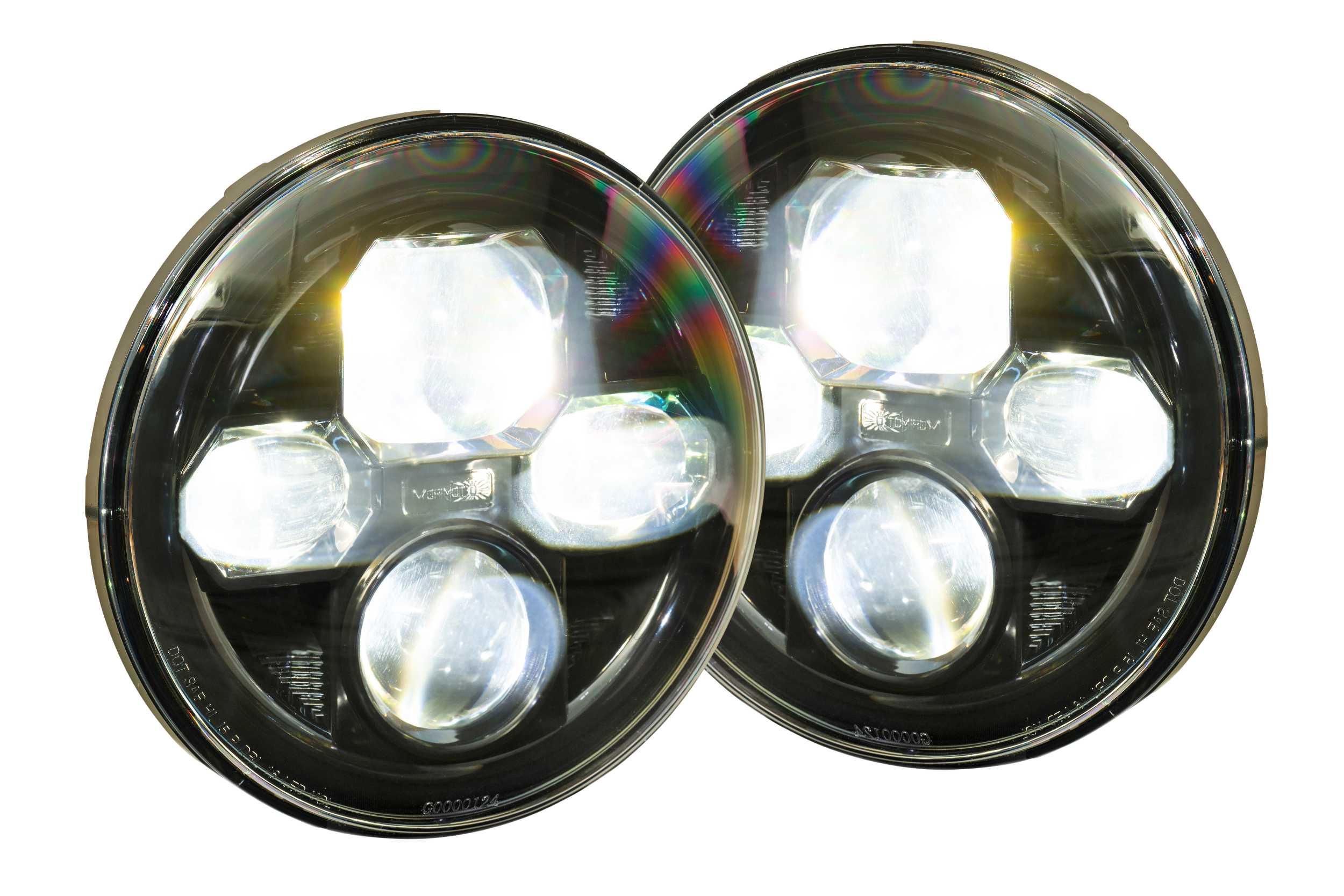 Pair of round LED headlights for off-road vehicles and trucks