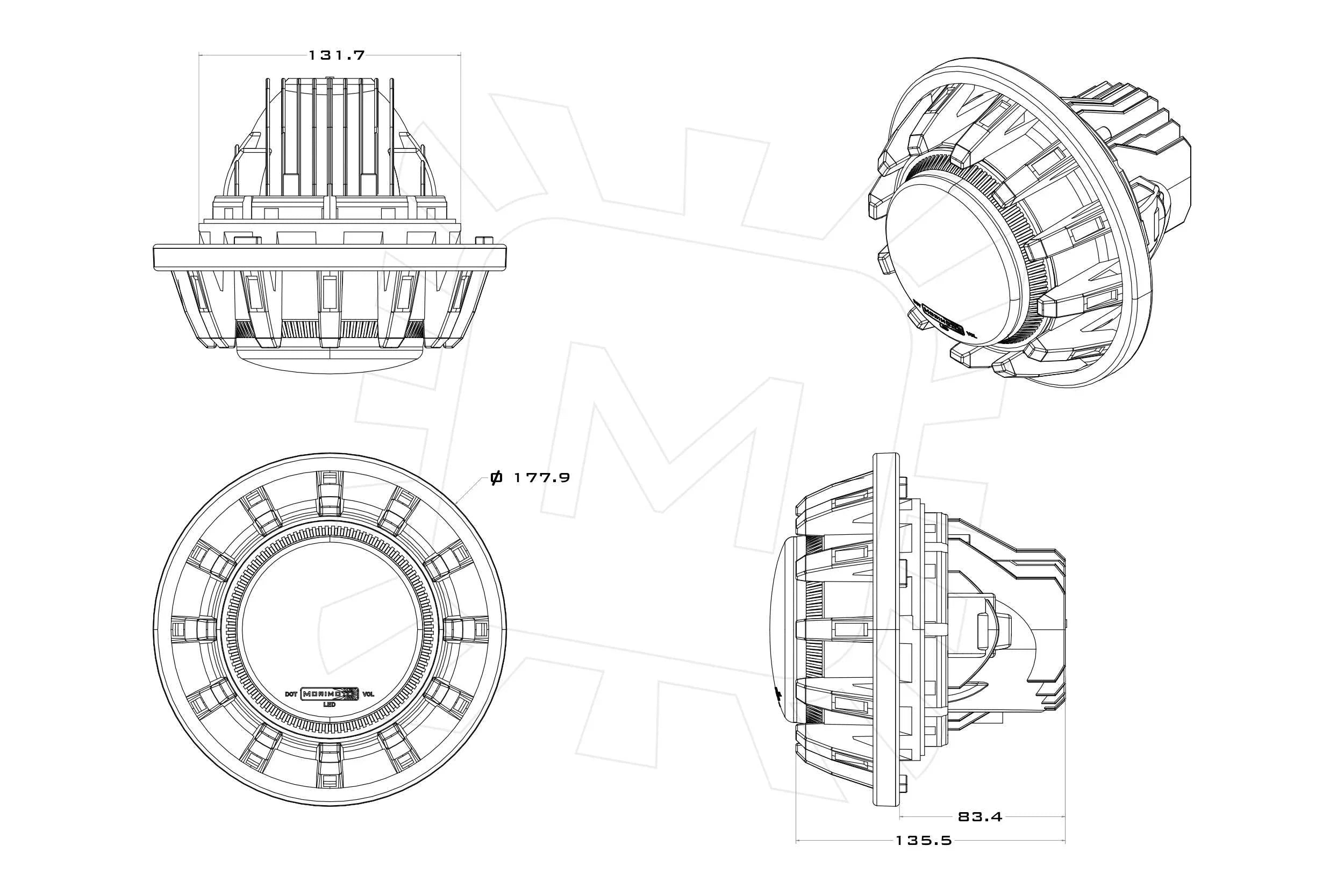 Technical drawing of a round vehicle speaker with measurements and detailed side, top, and angled views.