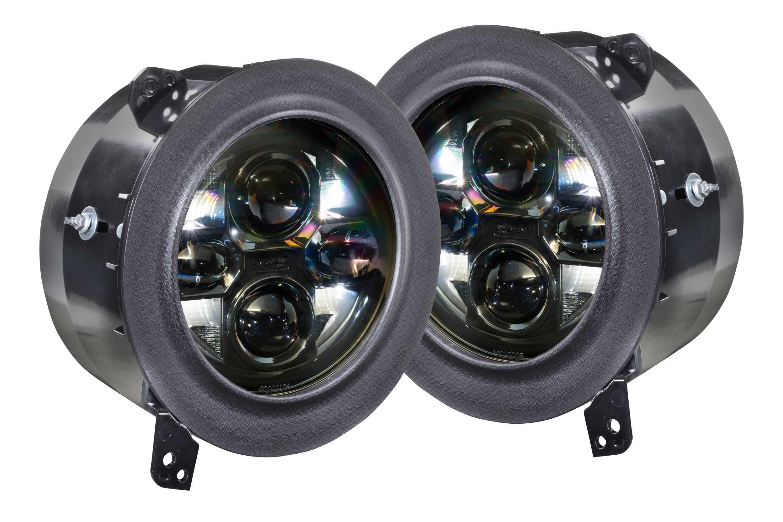 Pair of round LED off-road headlights for Toyota, Jeep, and Ford overlanding vehicles