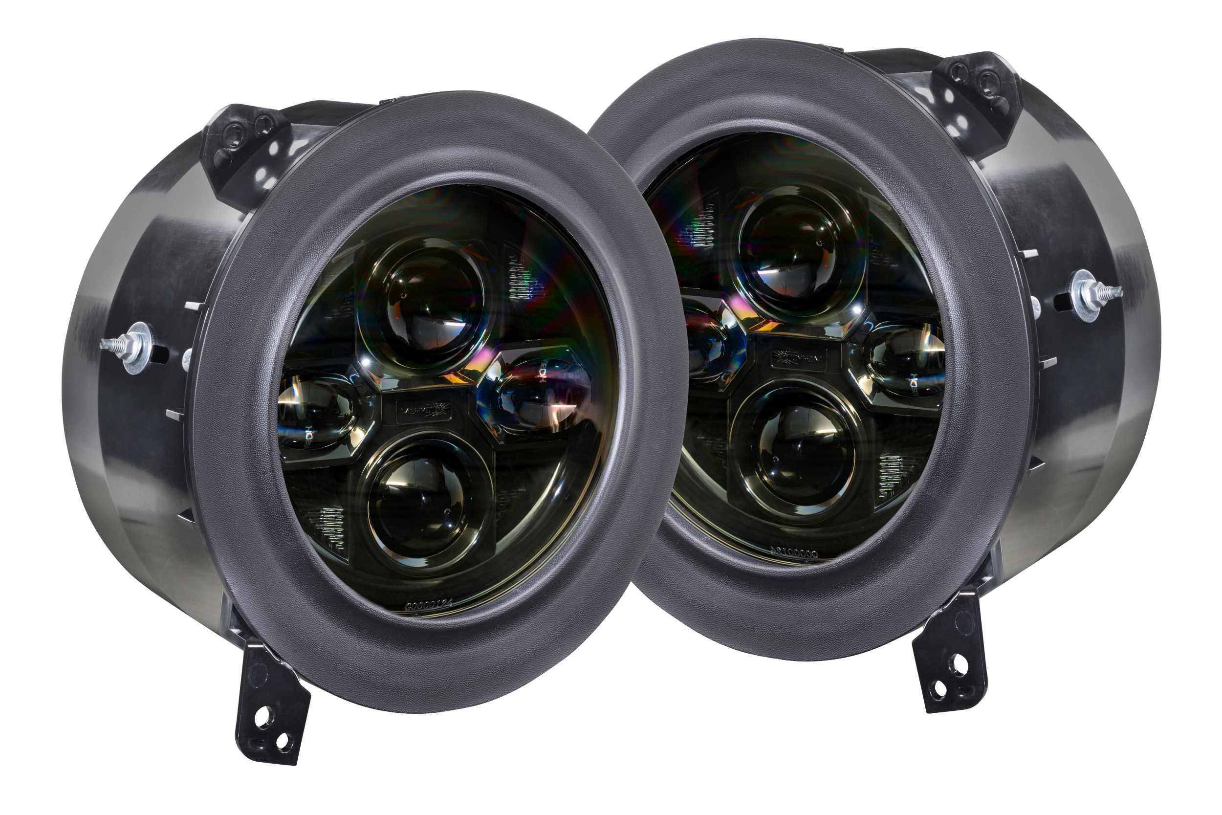 Pair of round LED projector headlights with black housing for off-road vehicles