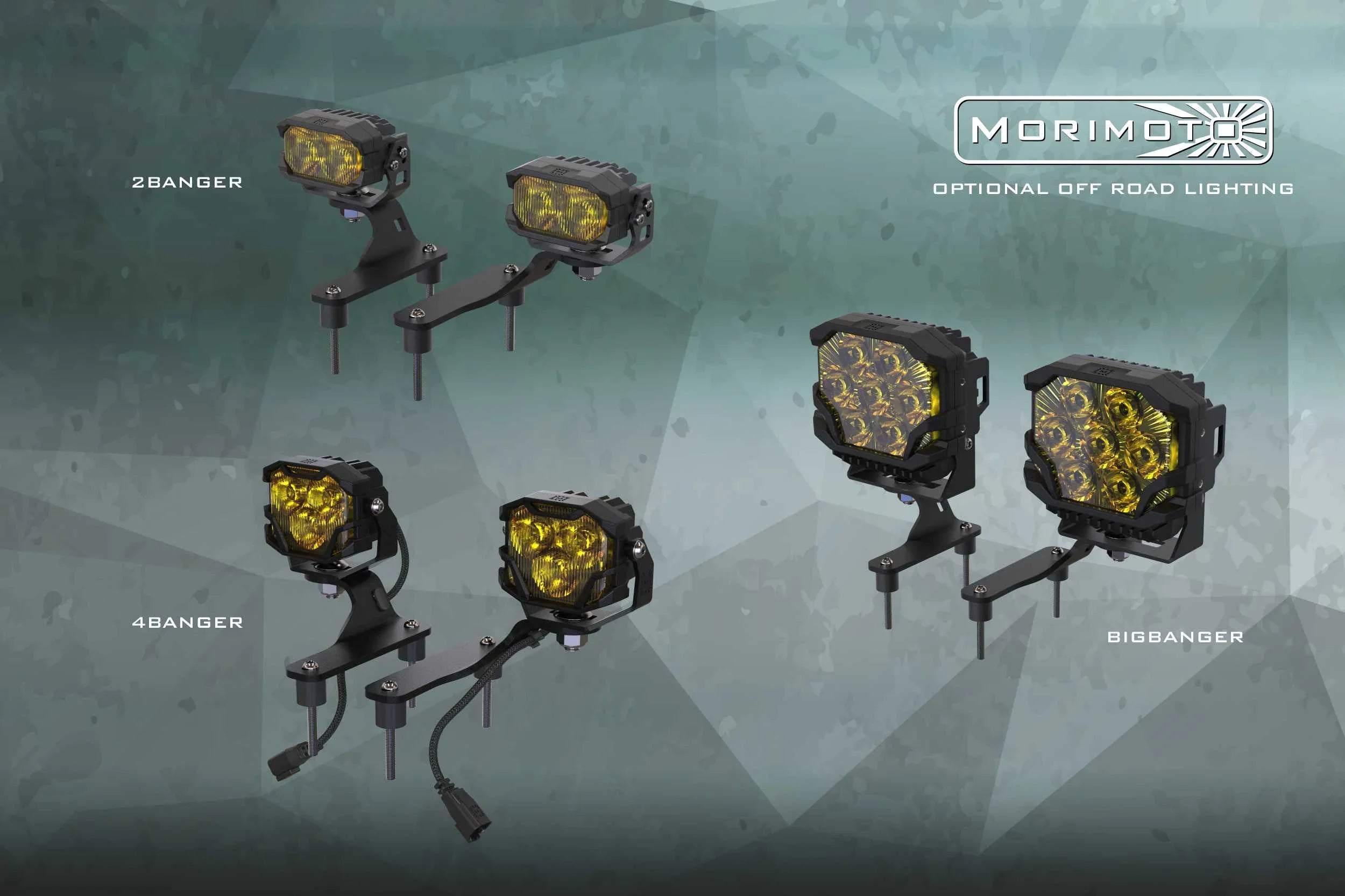 Morimoto yellow LED off-road lights in 2Banger, 4Banger, and BigBanger models with mounting brackets