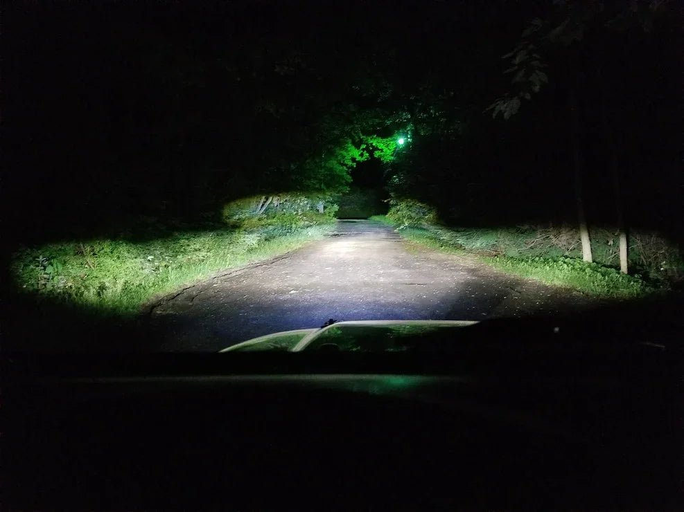 Night view from vehicle headlights illuminating a forest road, ideal for overlanding adventure