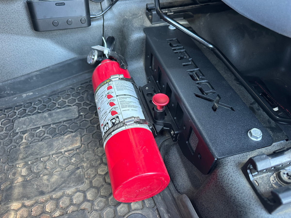 Dirtbox under-seat fire extinguisher mount for INEOS Grenadier and Quartermaster