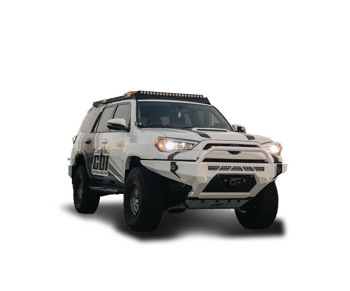 Toyota 4Runner with off-road modifications, roof rack, LED light bar, and rugged front bumper