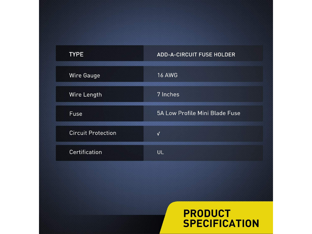 Add-a-circuit fuse holder specs chart with wire gauge, length, fuse type, circuit protection, UL certified.