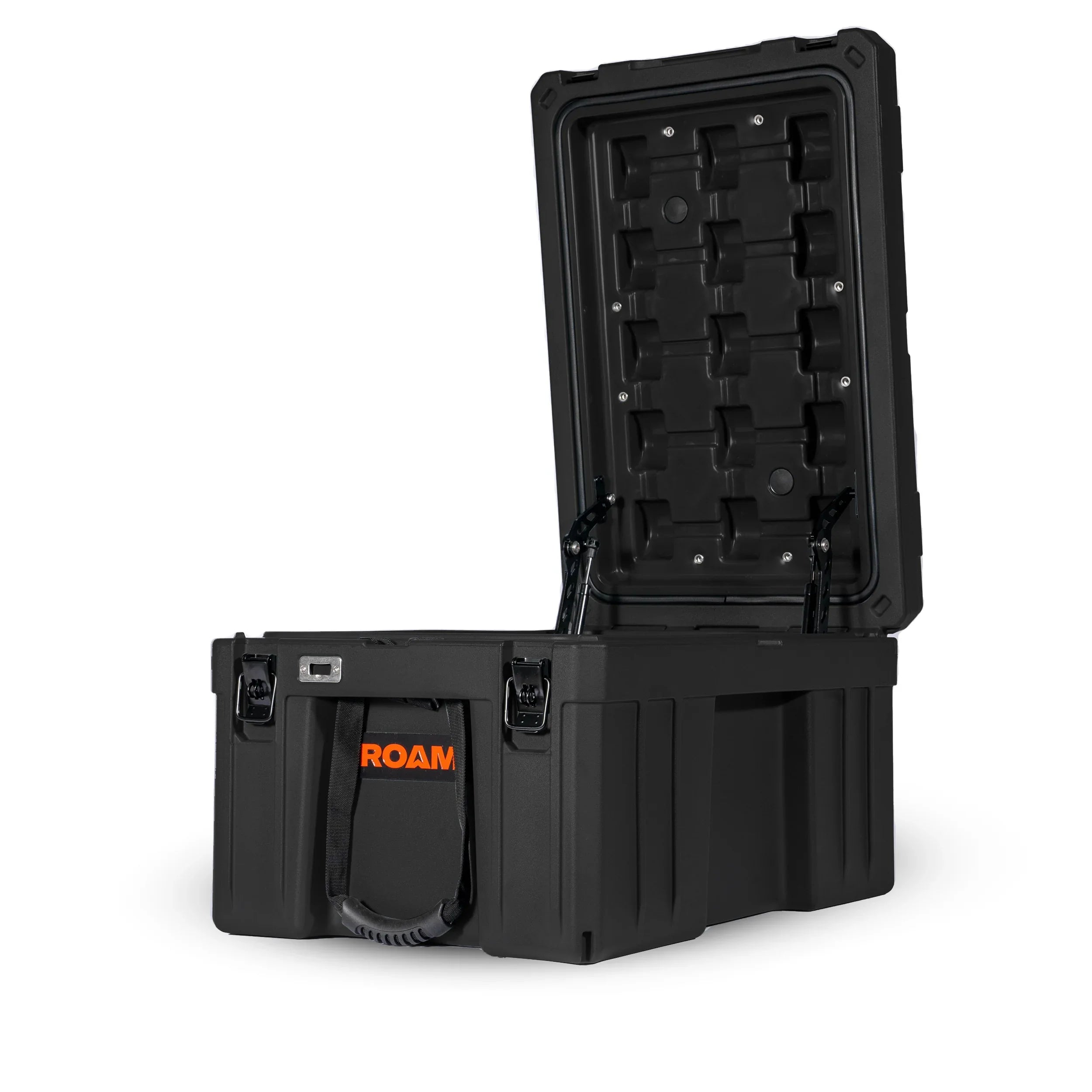 Black heavy-duty storage case with open lid, durable latches, ROAM logo, ideal for camping gear