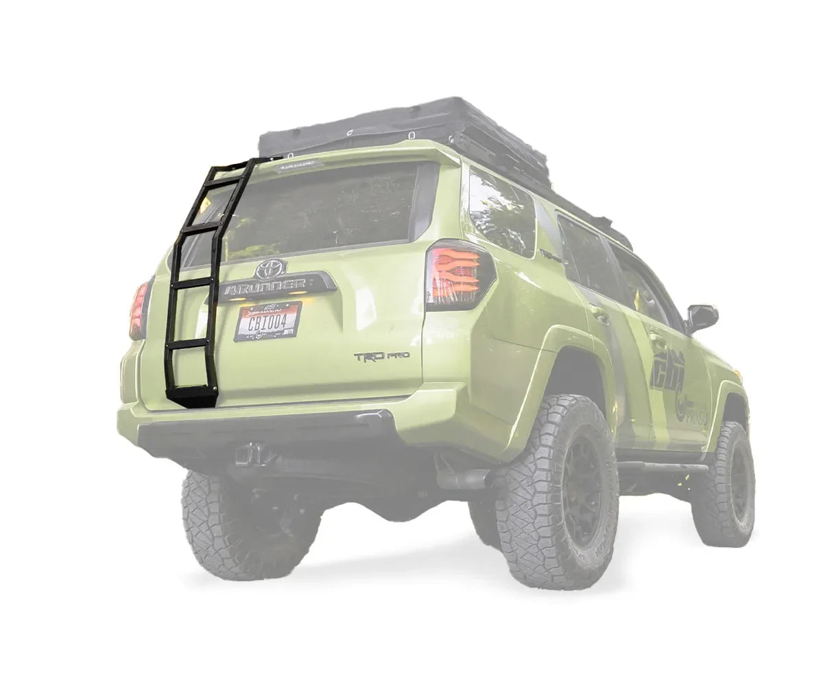 Rear hatch ladder mounted on green Toyota 4Runner TRD Pro for overlanding gear access