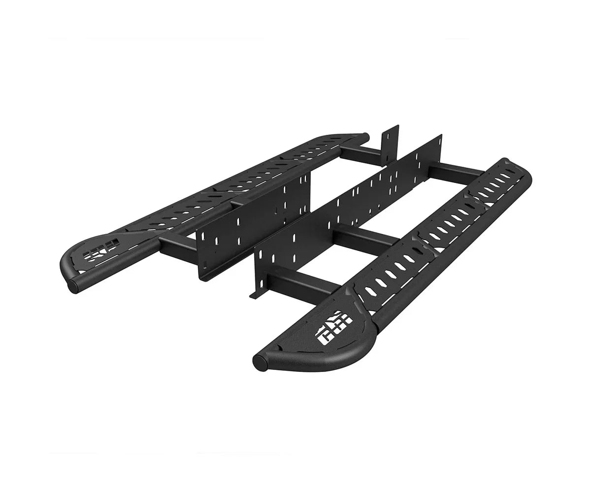 Black off-road rock sliders for Toyota 4Runner, heavy-duty steel, overlanding accessory