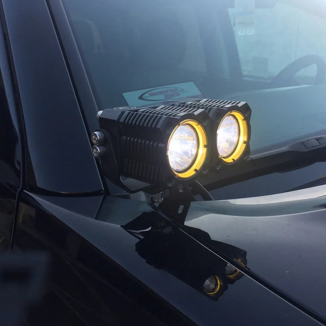 Toyota 4Runner GX470 ditch light bracket with dual LED off-road lights mounted at windshield