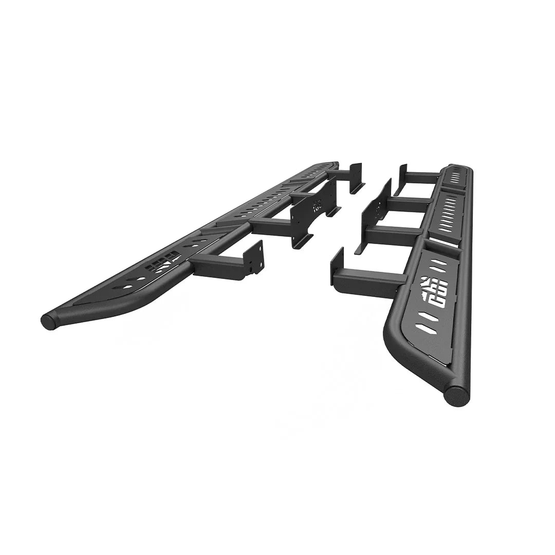 Black steel rock sliders for Toyota Tacoma, overland truck side protection accessories