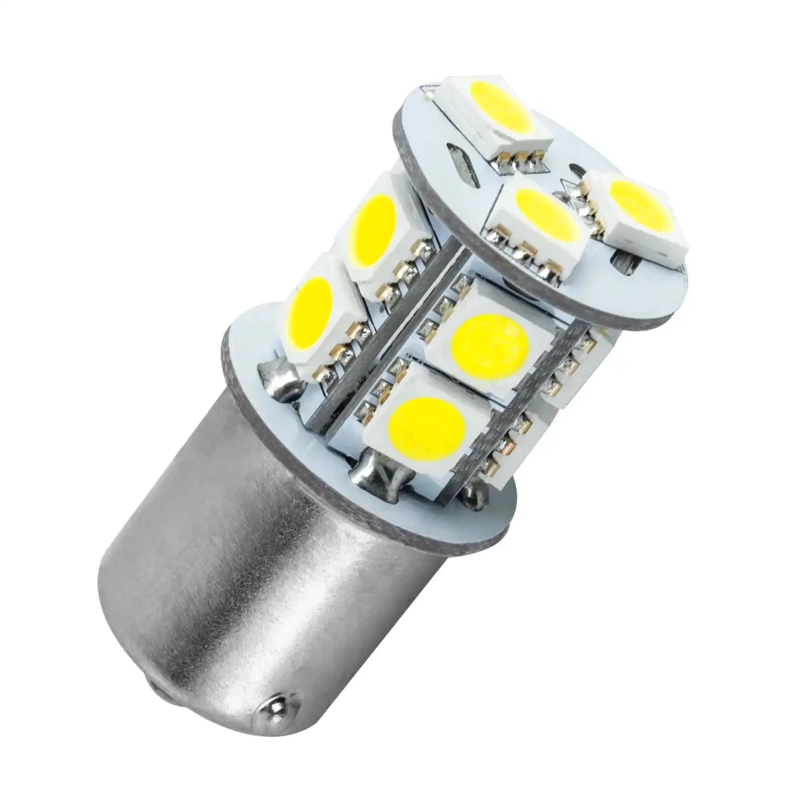 Close-up of an LED automotive light bulb with yellow diodes and metal base