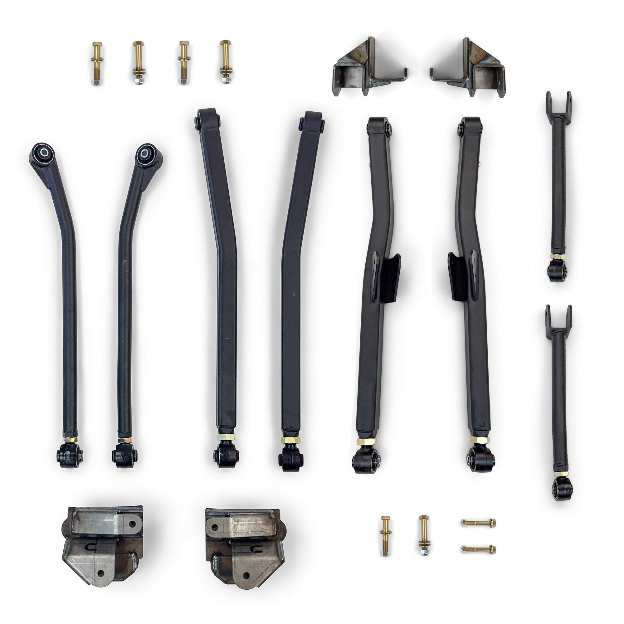 Full suspension control arm kit with brackets and hardware for off-road vehicle upgrades