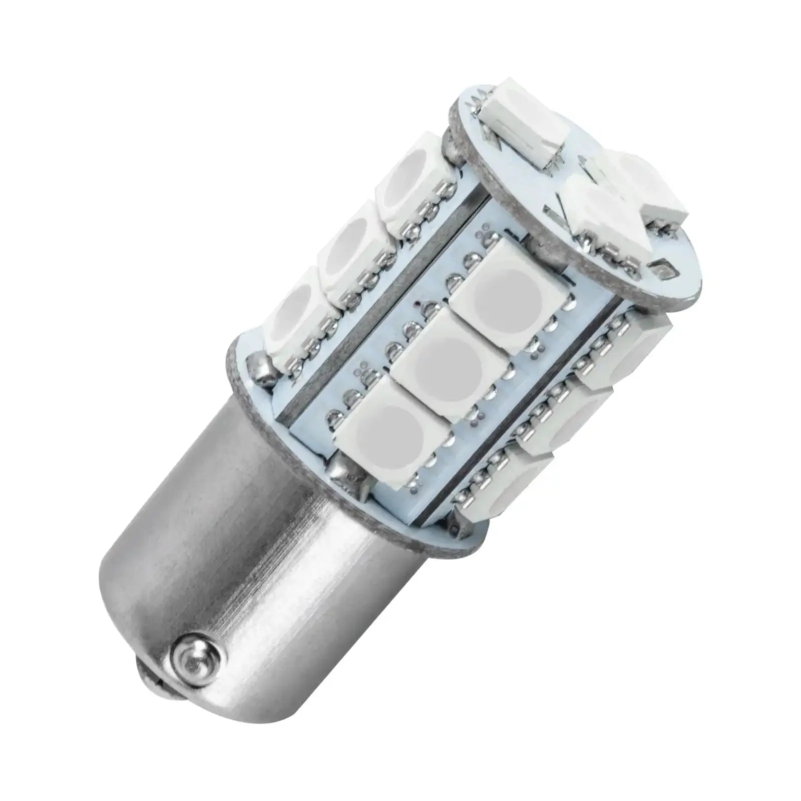 LED automotive replacement bulb with metal base and multiple white diodes, close-up