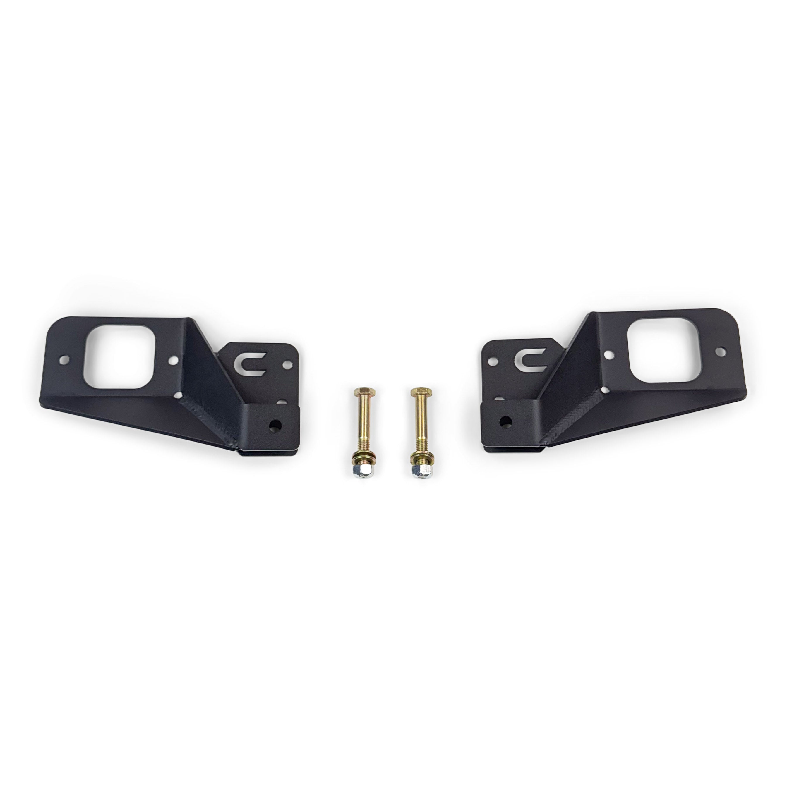 Black metal mounting brackets with bolts, vehicle accessory hardware on white background
