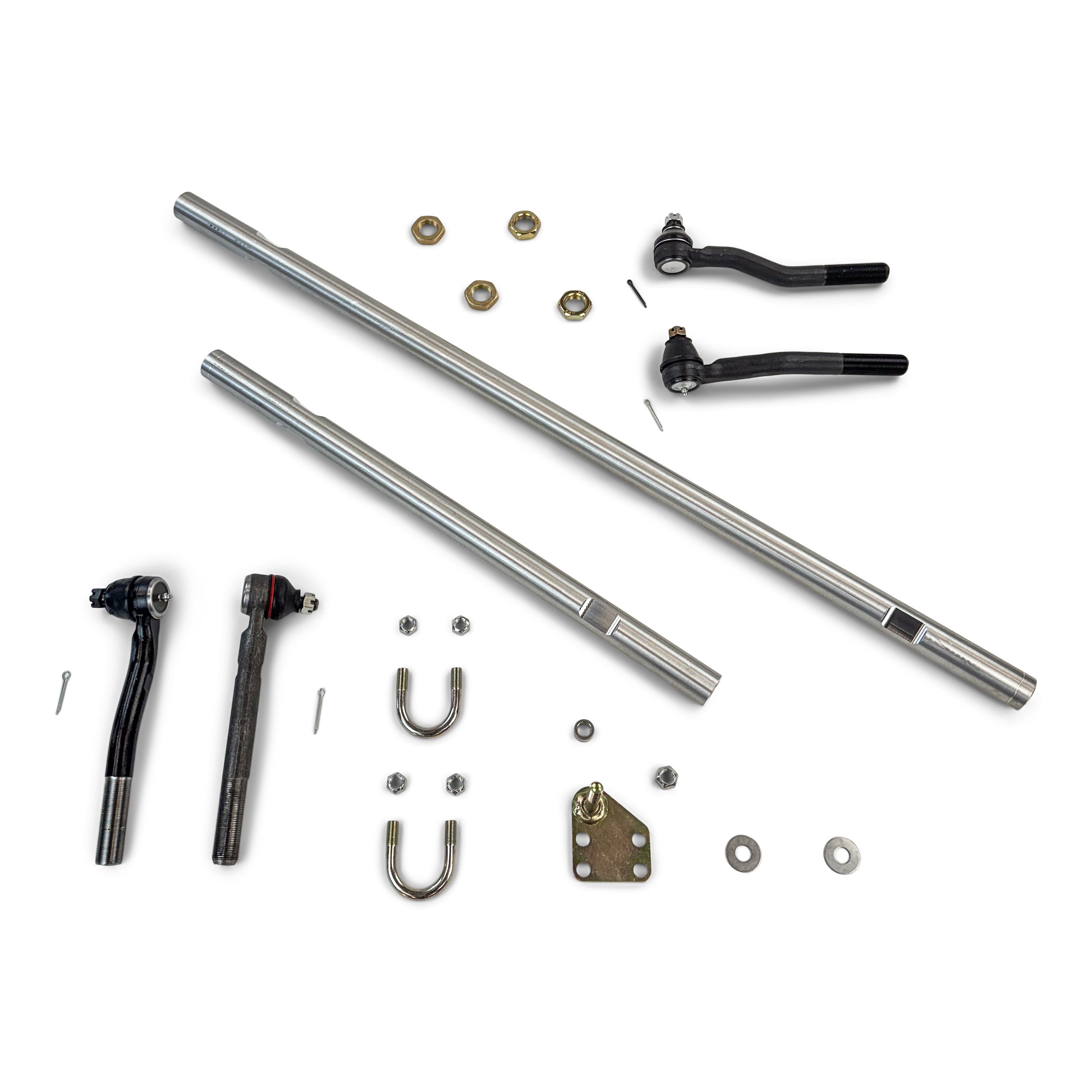 Heavy-duty tie rod and drag link kit with tie rod ends and hardware for off-road vehicles