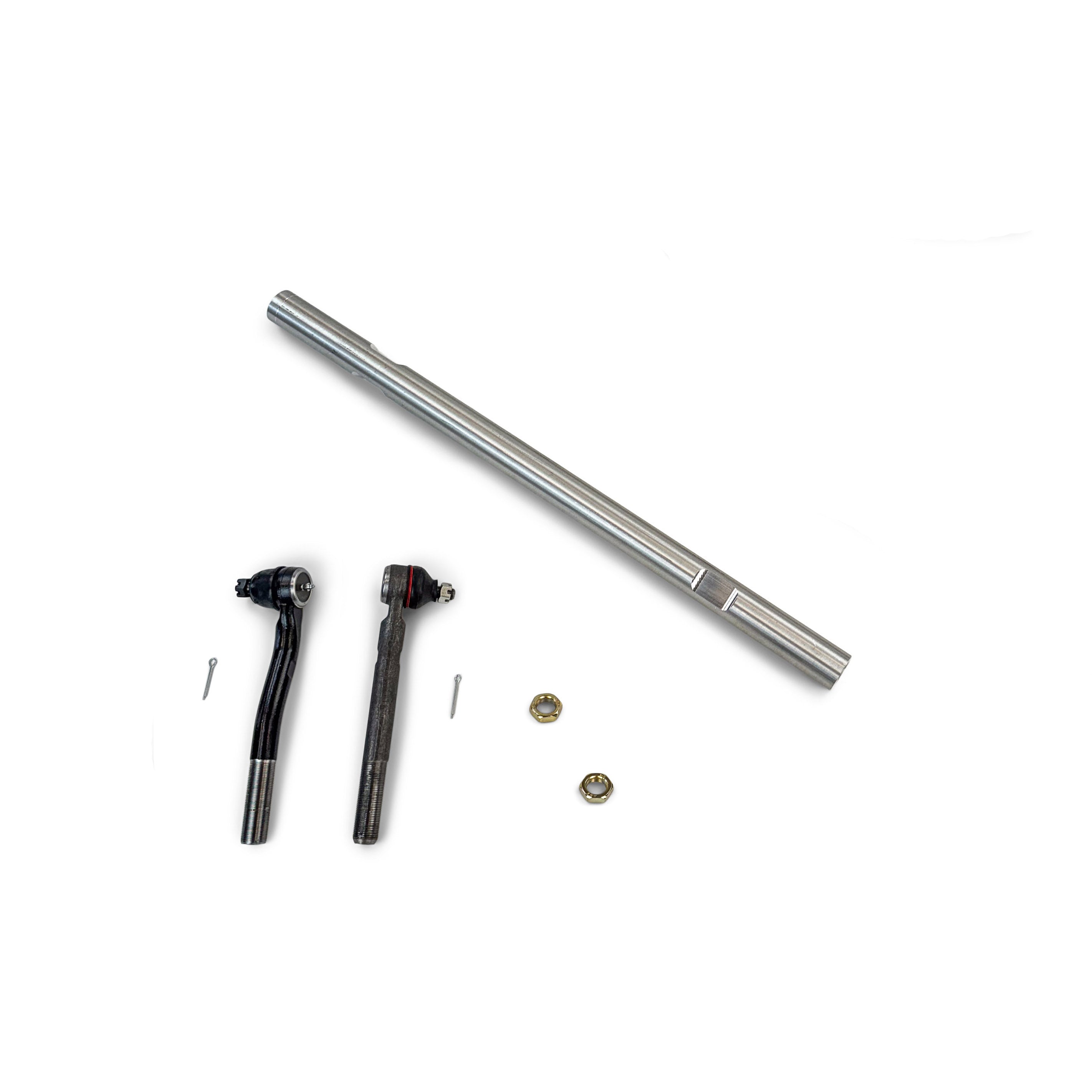 Heavy-duty tie rod kit with metal rod, tie rod ends, and hardware for off-road vehicles